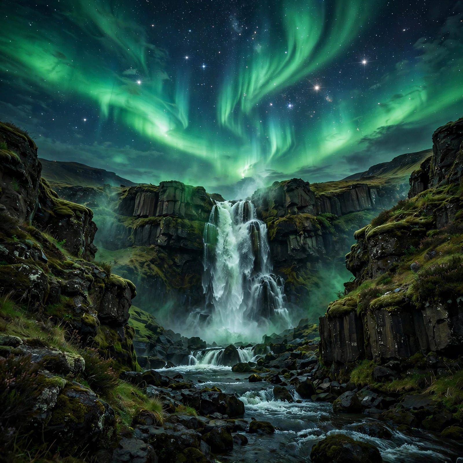 Iceland Waterfall Under Aurora, square nature WhatsApp DP