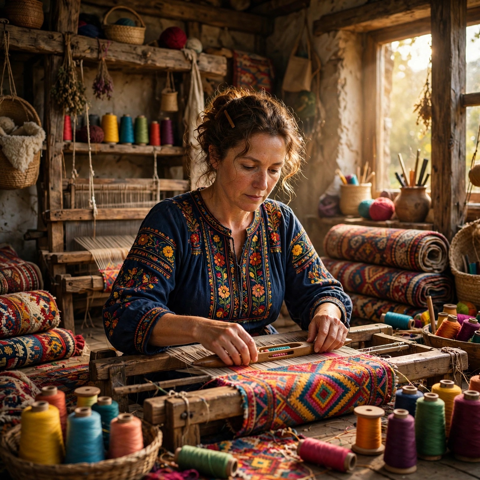 Woman weaver at a wooden loom in a sunlit workshop, WhatsApp DP for girls