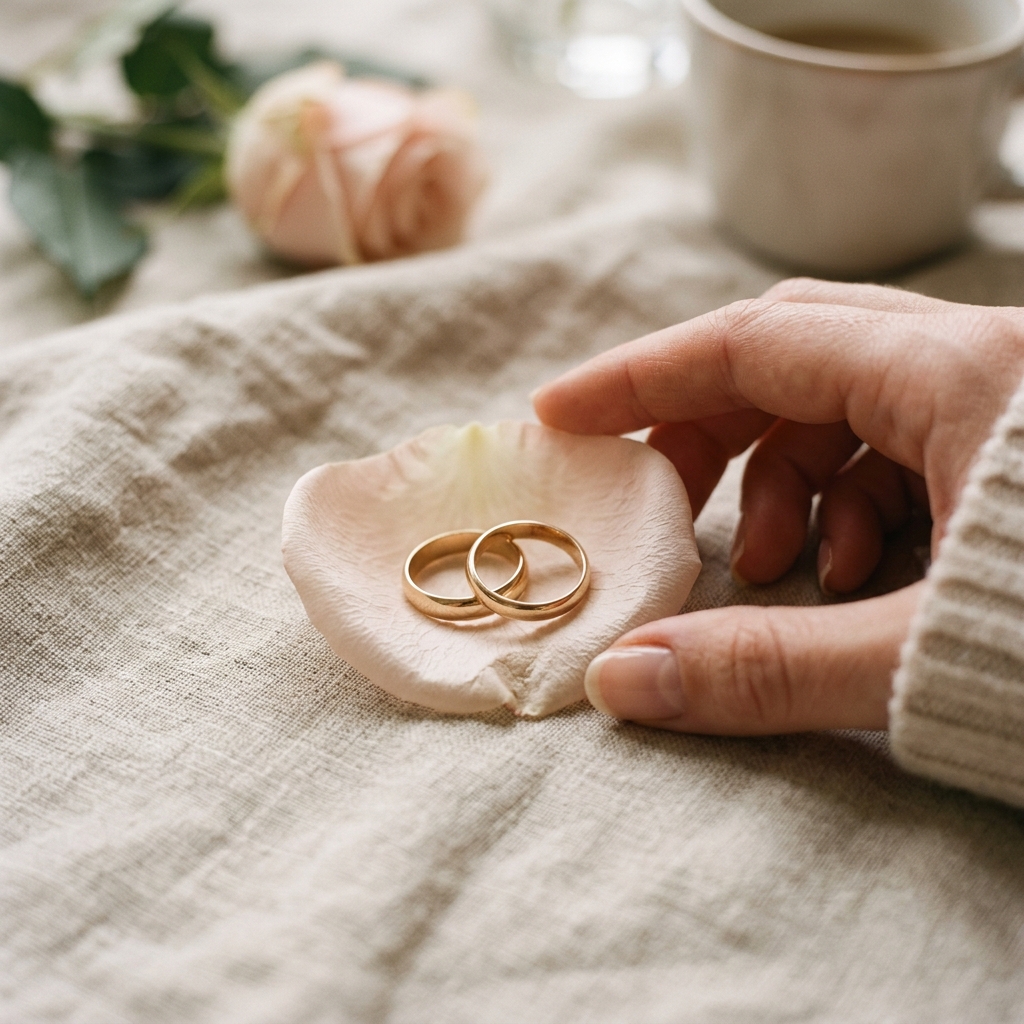 Two simple wedding rings rest on a pale rose petal on linen, with an adult hand at the edge of the close-up