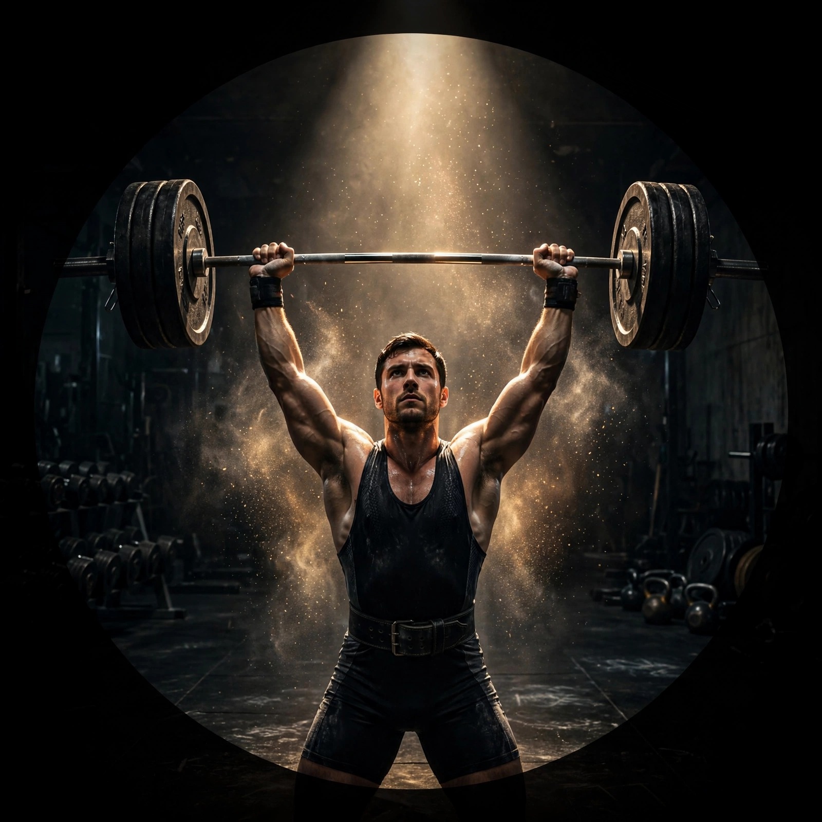 Weightlifter lifting a barbell overhead in a dark gym spotlight, motivational DP