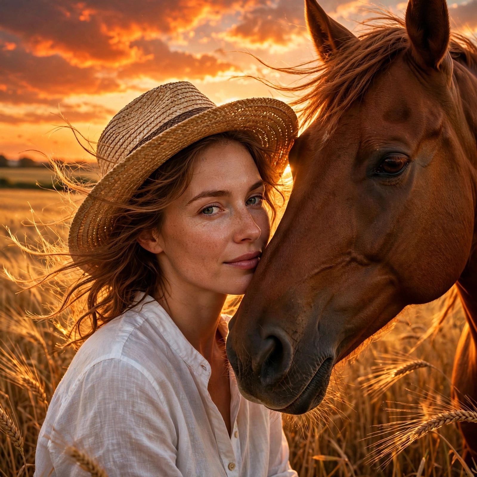 Woman in a straw hat with a horse in a golden wheat field at sunset, square DP