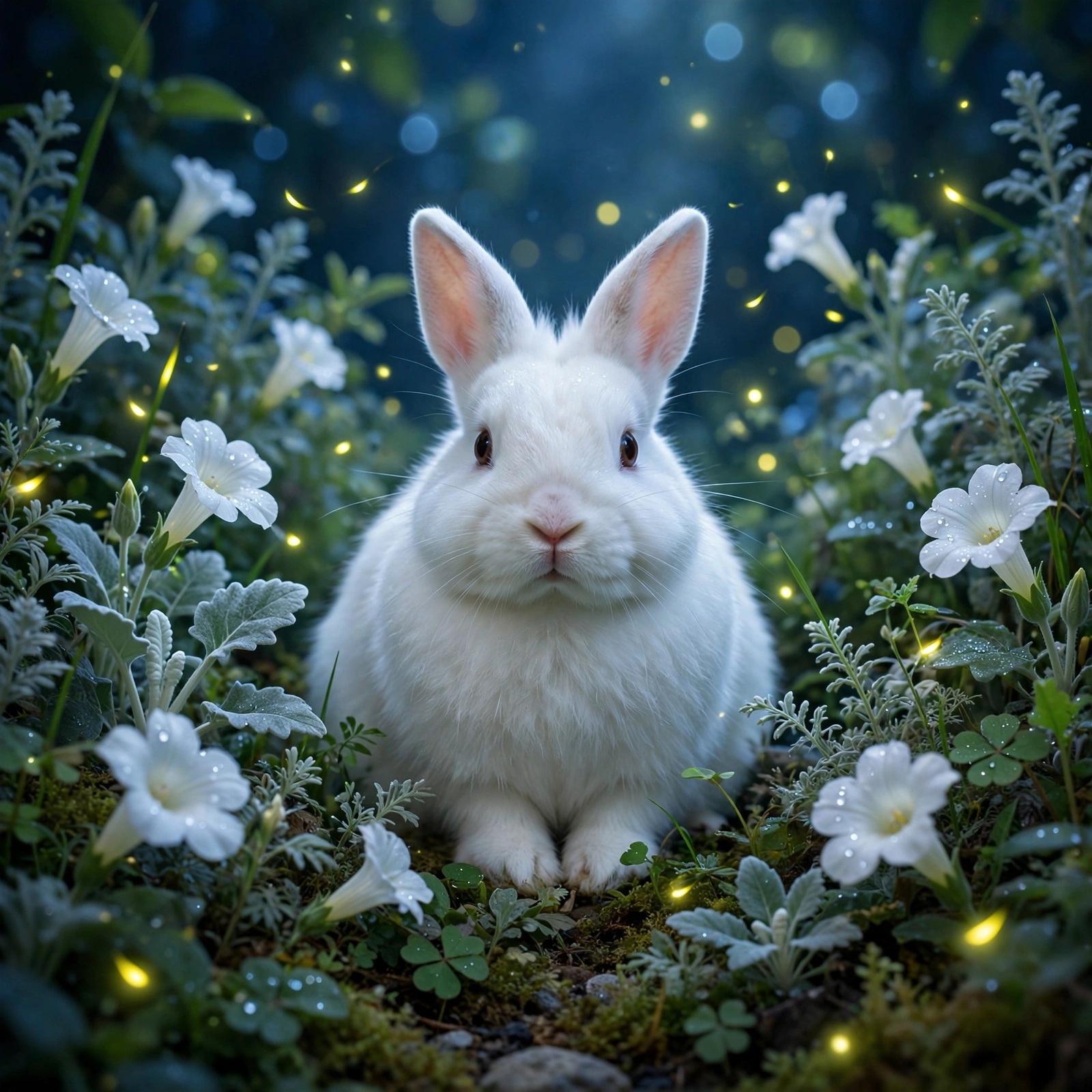 Fluffy white rabbit among moonflowers in a moonlit garden