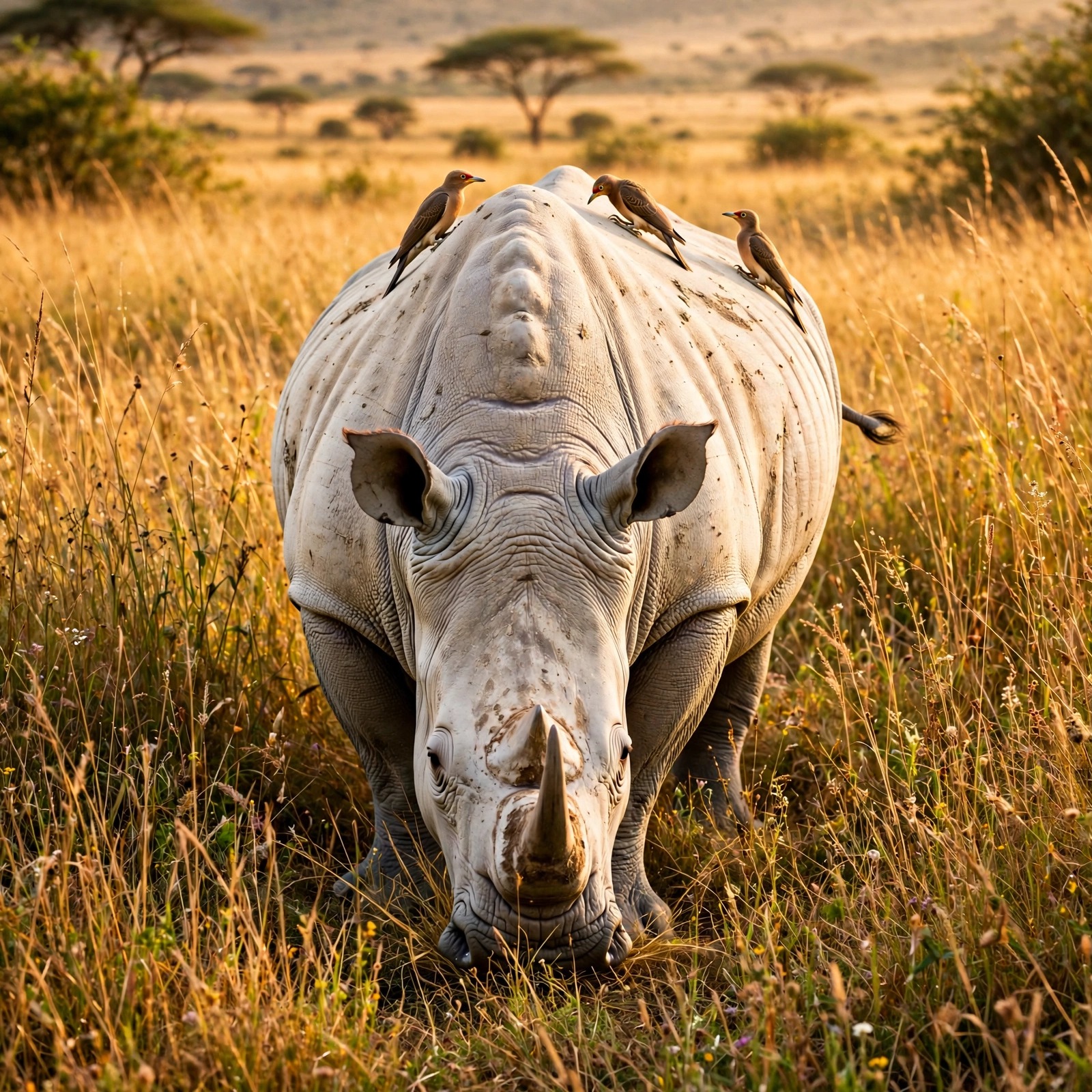 White rhino grazing in savanna grass with oxpeckers on its back