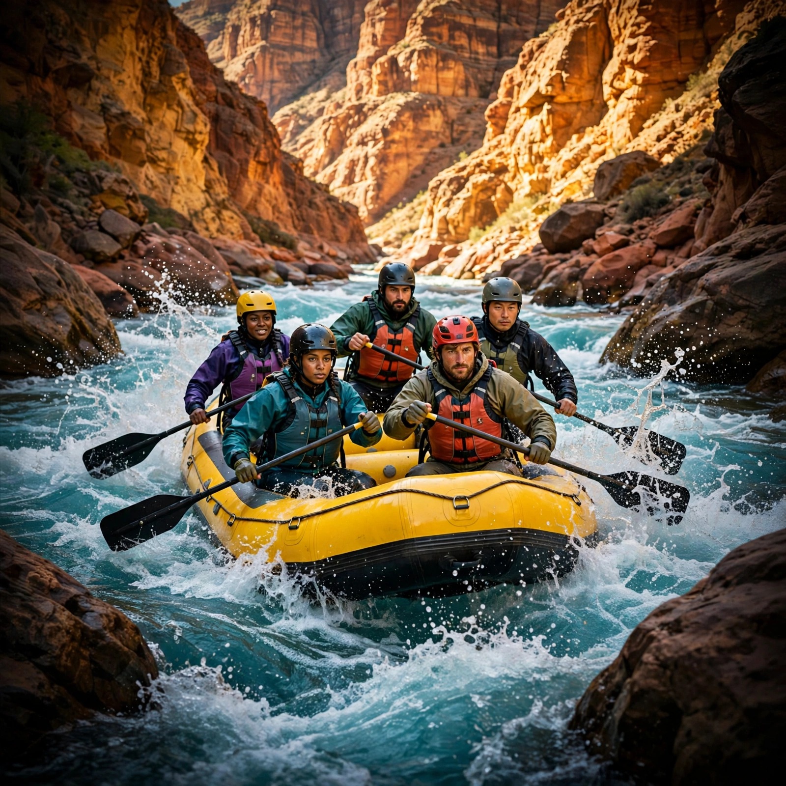 Whitewater Rafters in a Canyon Rapids Run