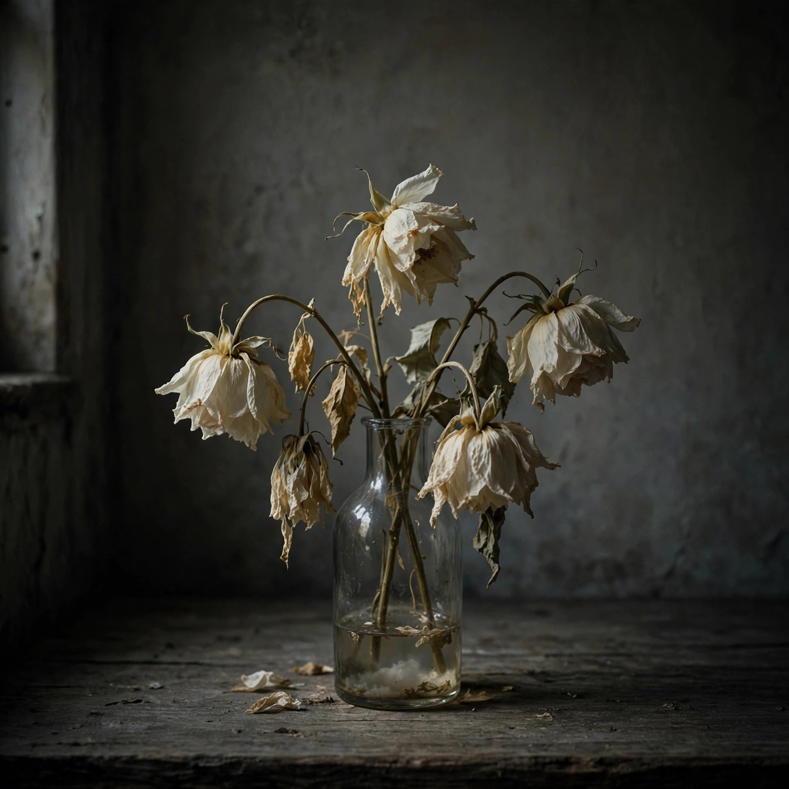 Wilted pale flowers drooping in a glass vase in a dimly lit empty room