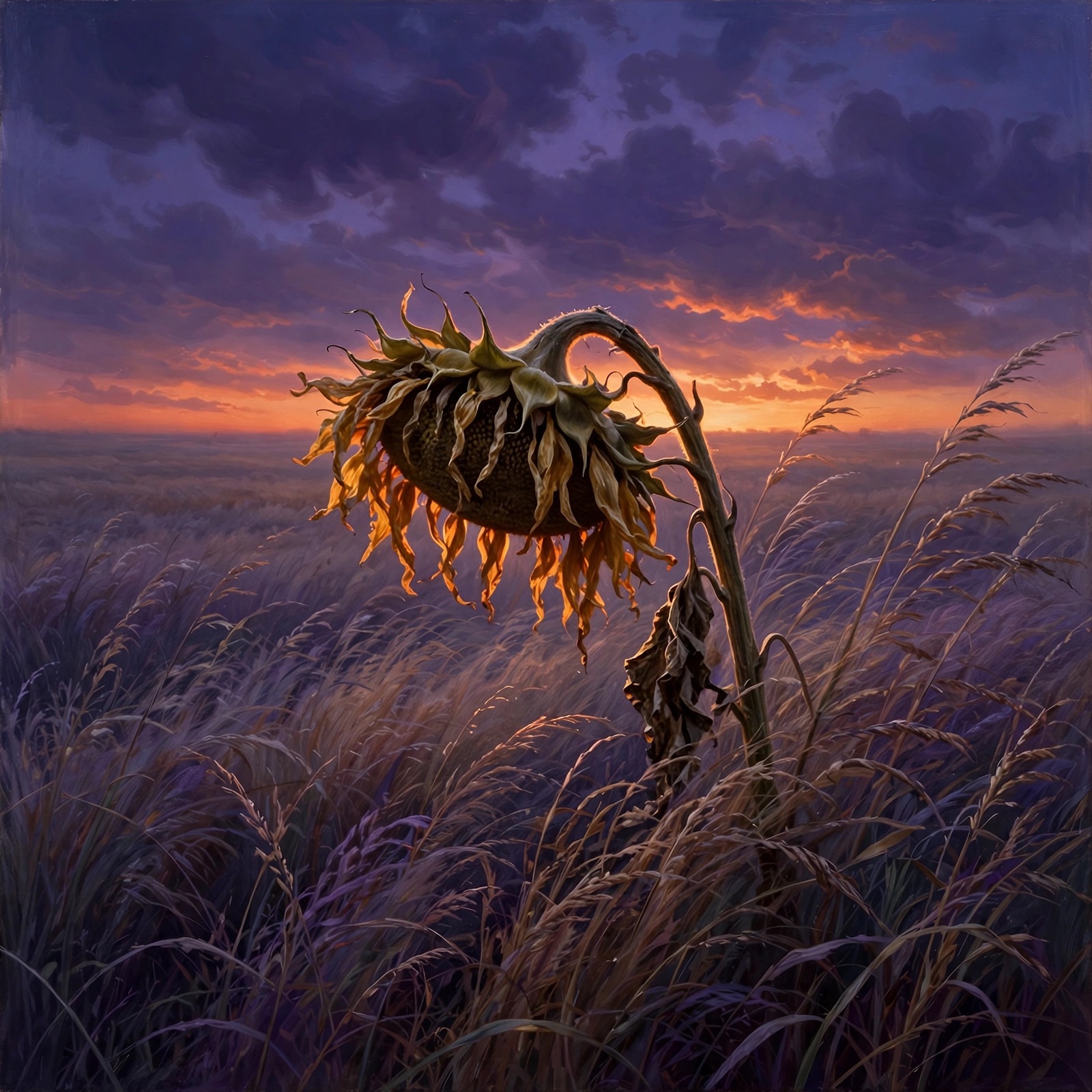 wilted sunflower in empty field at dusk