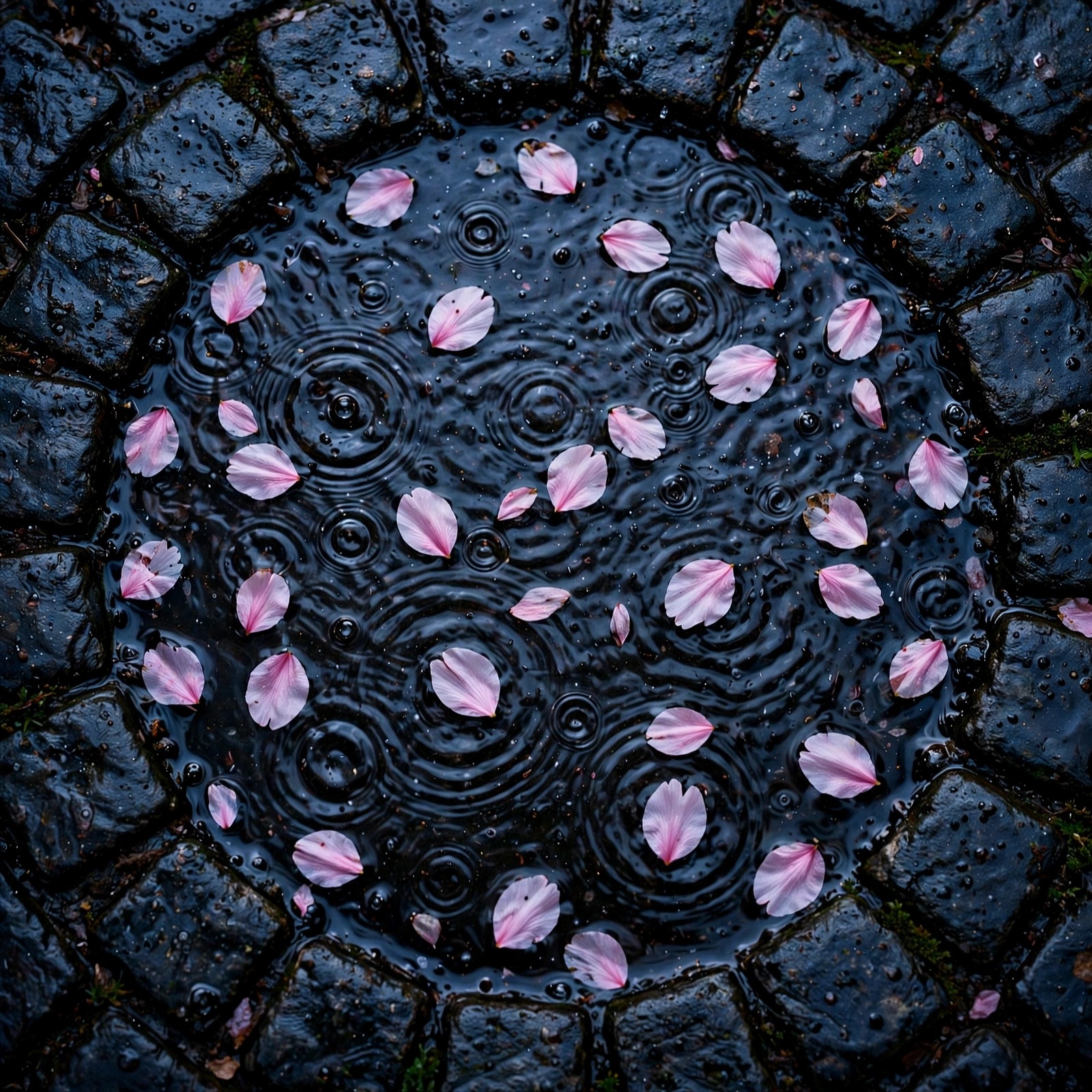 Pink sakura petals floating on a dark rain puddle with ripples, sad WhatsApp DP