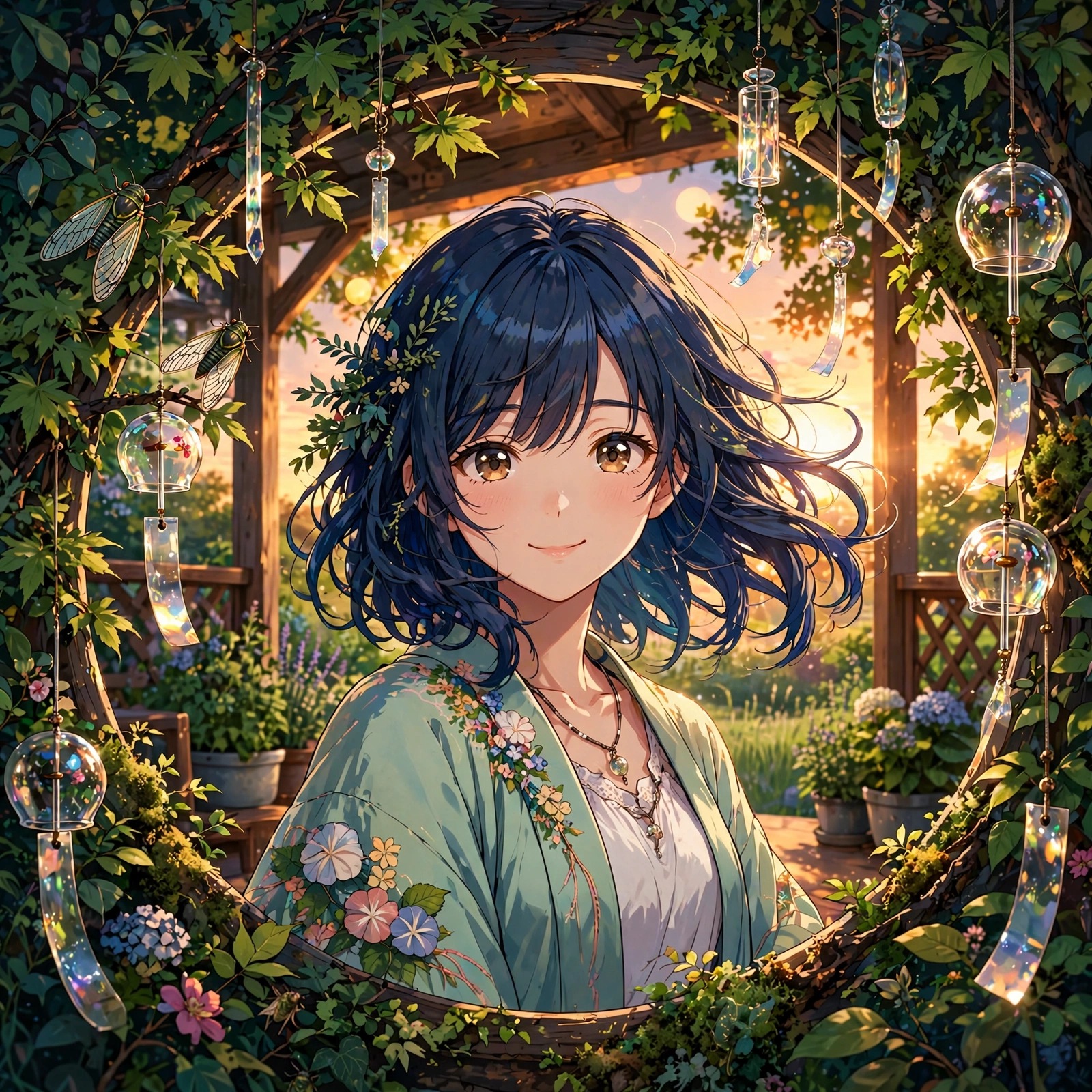 Anime girl profile picture on a summer porch with wind chimes