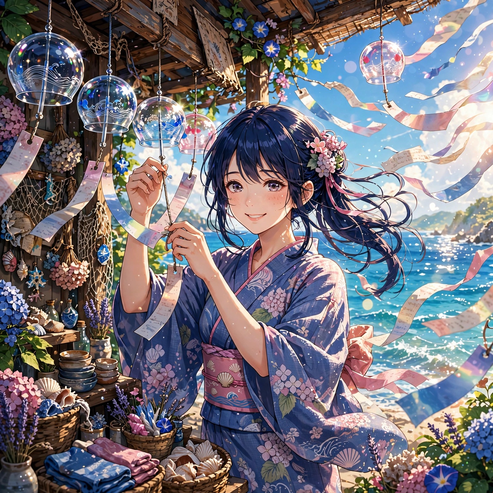Anime girl hanging glass wind chimes at a summer seaside shop, anime profile picture