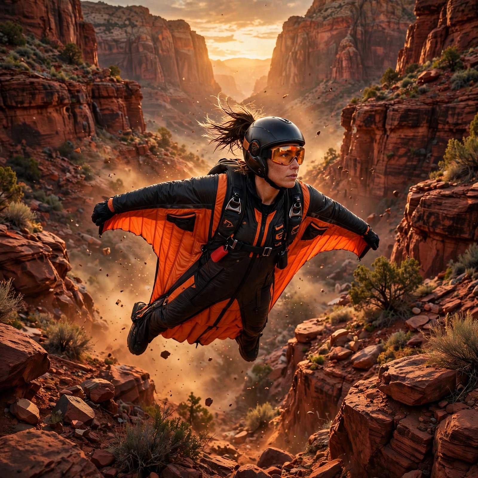 Wingsuit Canyon Flyer at Golden Dusk