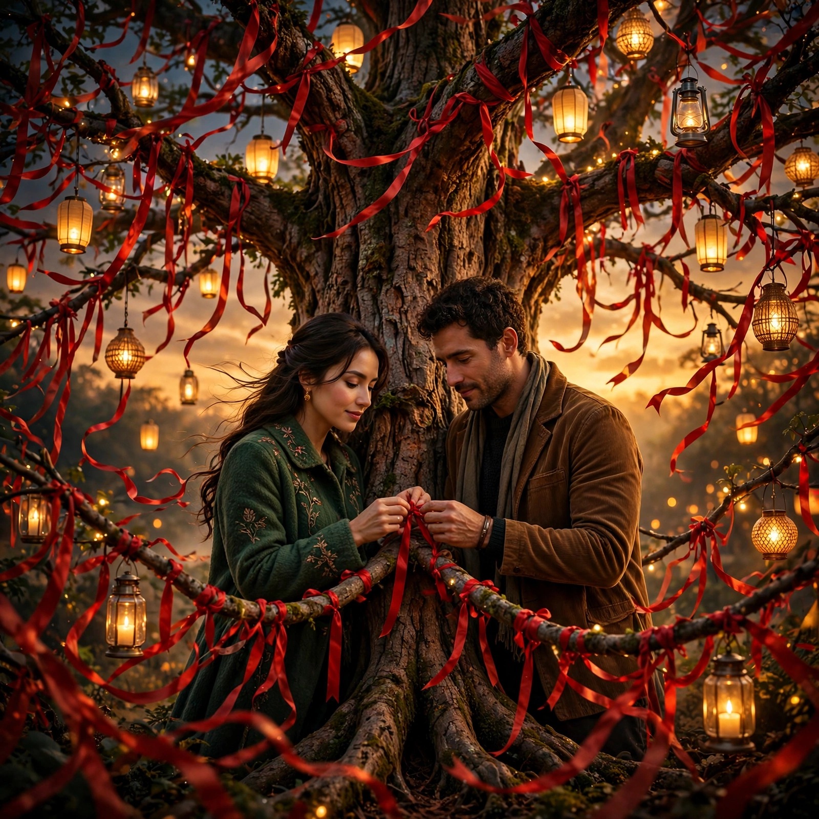 Romantic couple tying red ribbons on a wishing tree at dusk with glowing lanterns, square love DP