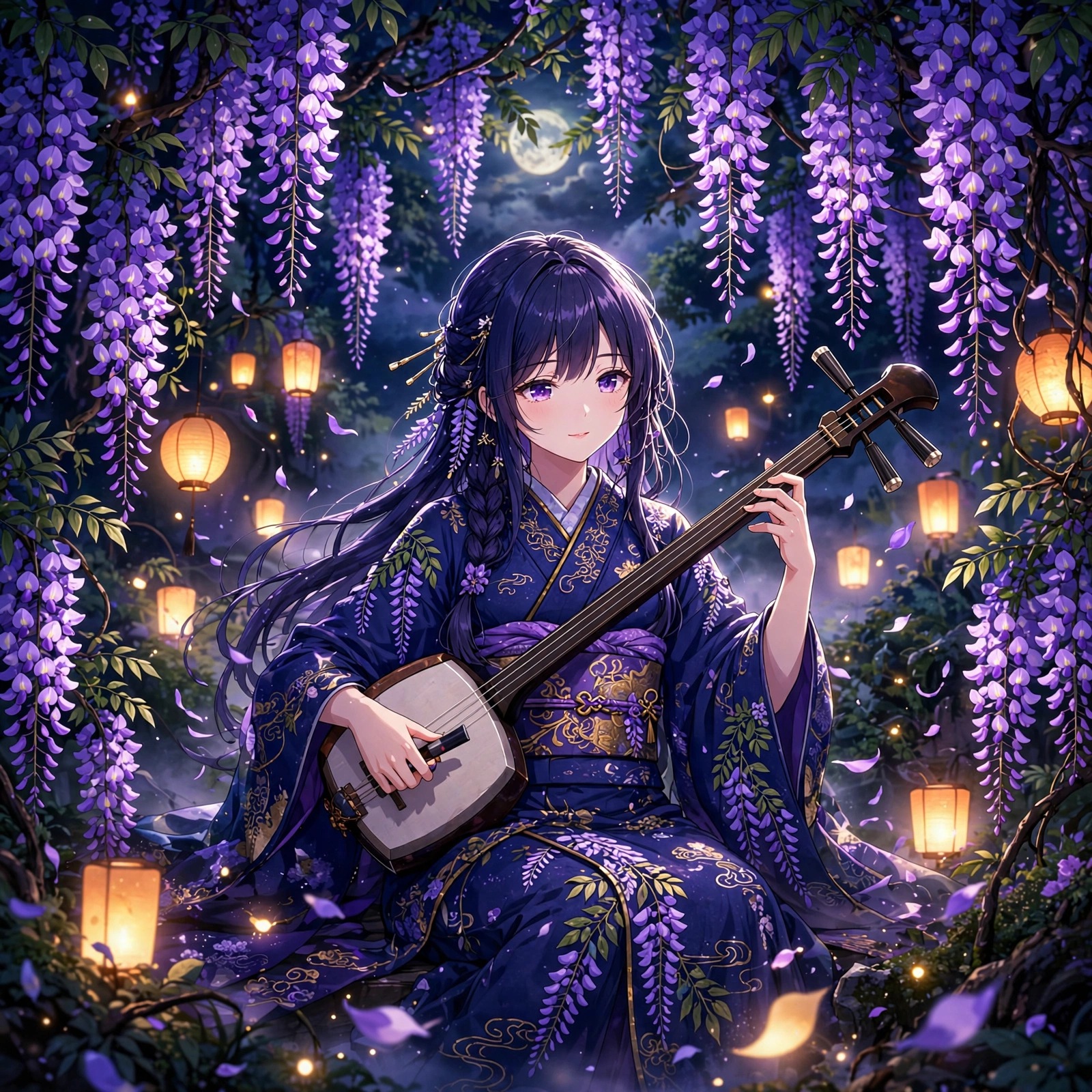 Anime girl playing shamisen under glowing wisteria blossoms at night with floating lanterns, square anime DP