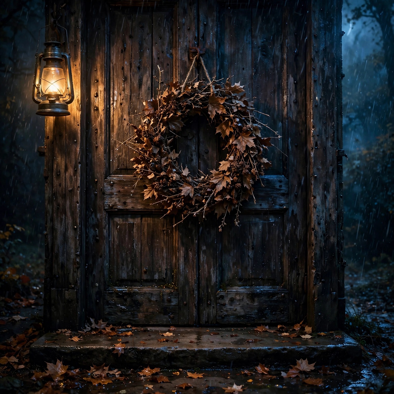 Withered autumn wreath hanging on a dark wooden door at night, sad DP
