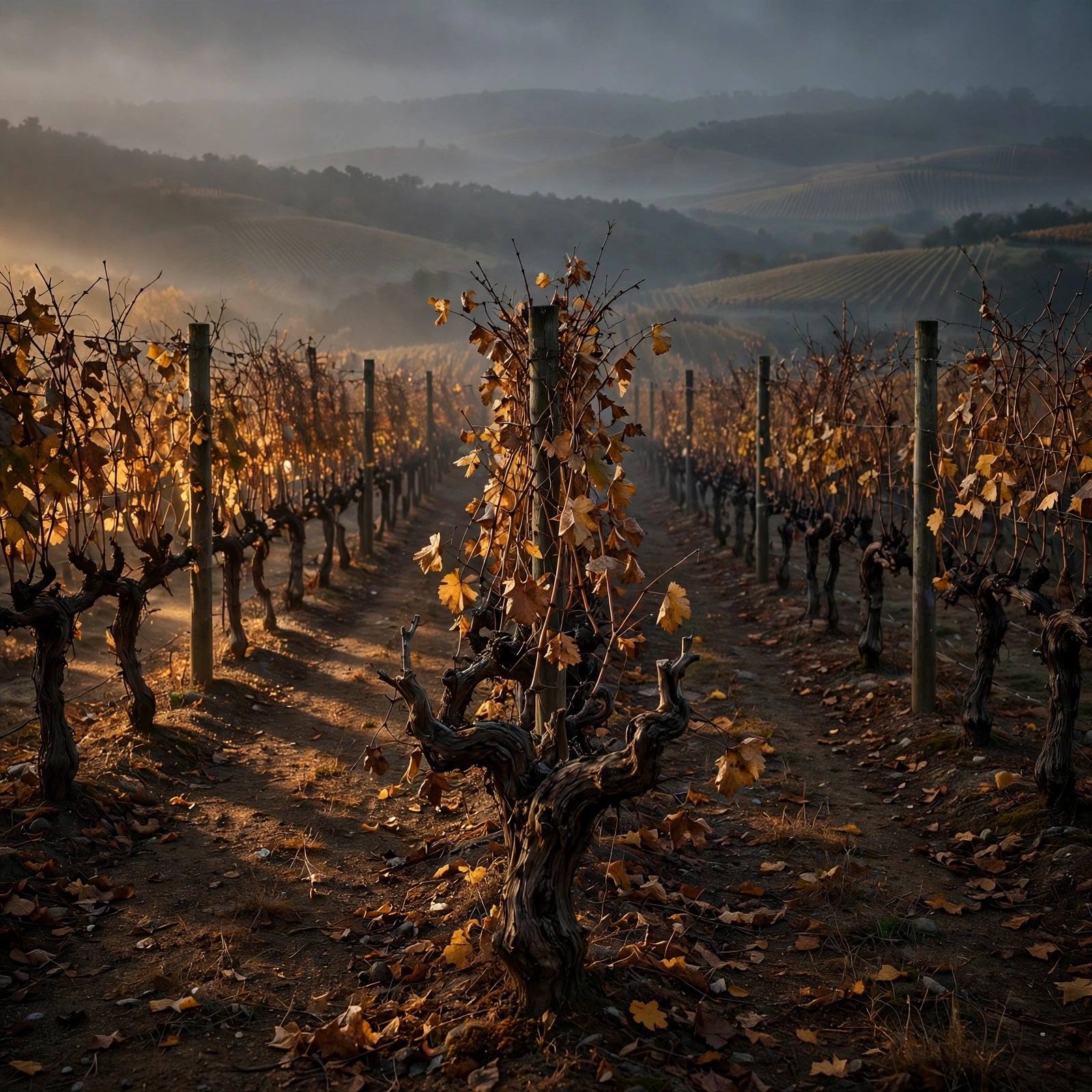 Withered grapevine rows in an autumn vineyard at dusk, melancholic profile picture