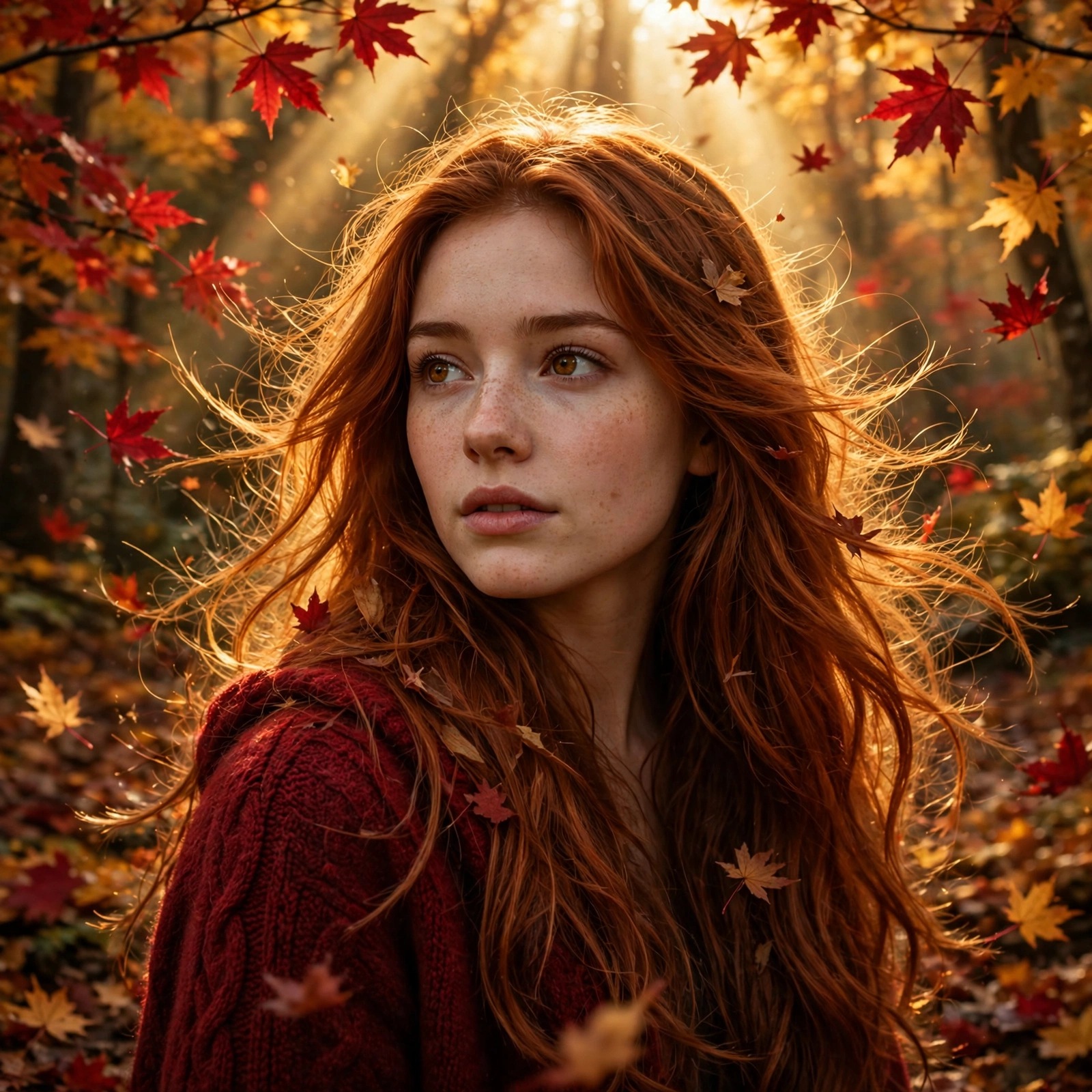 auburn hair woman in autumn maple forest with falling leaves