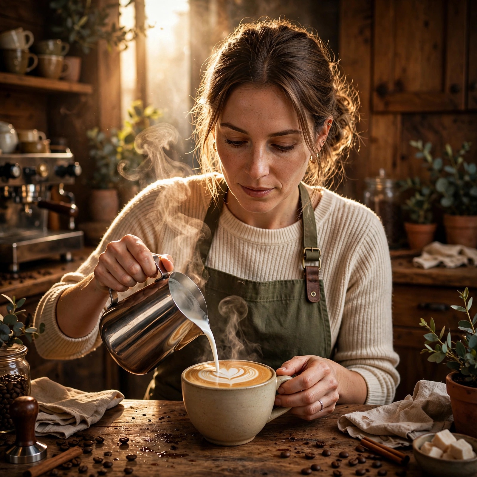 Woman barista pouring heart latte art into a coffee cup in a cozy cafe with warm wood interior