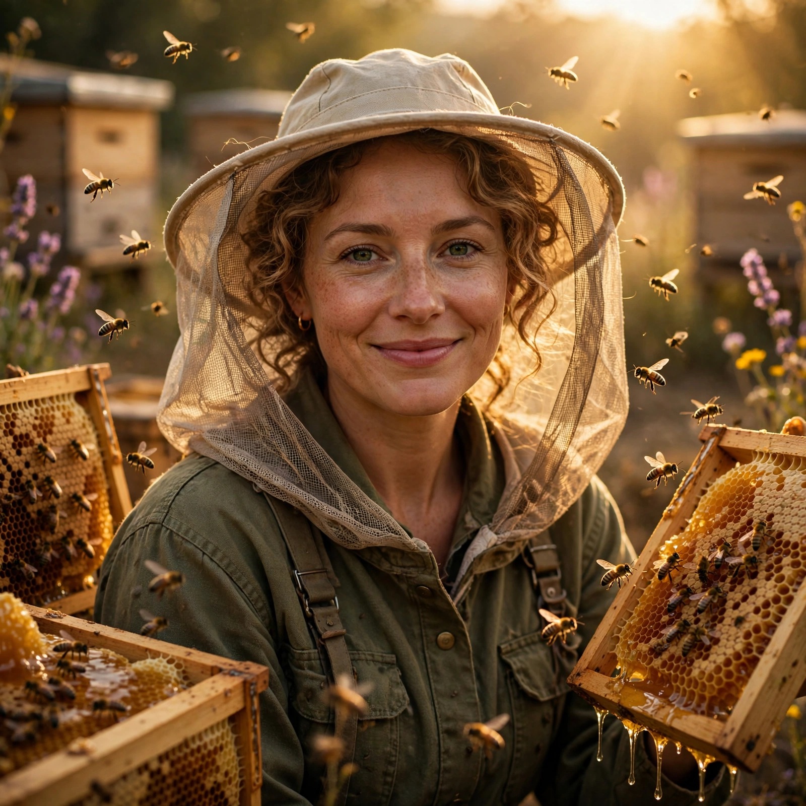Fictional adult woman beekeeper in a golden apiary