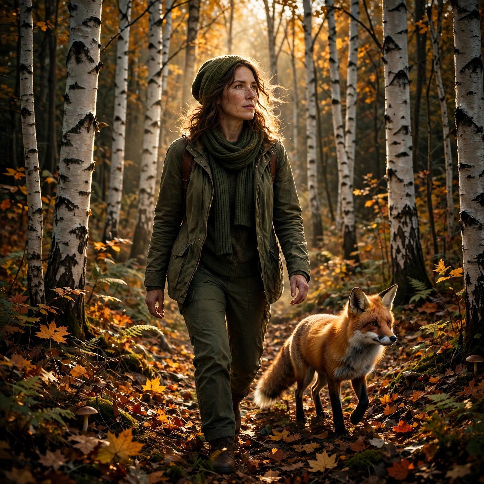 Woman walking through a white birch forest with a red fox beside her in golden autumn light