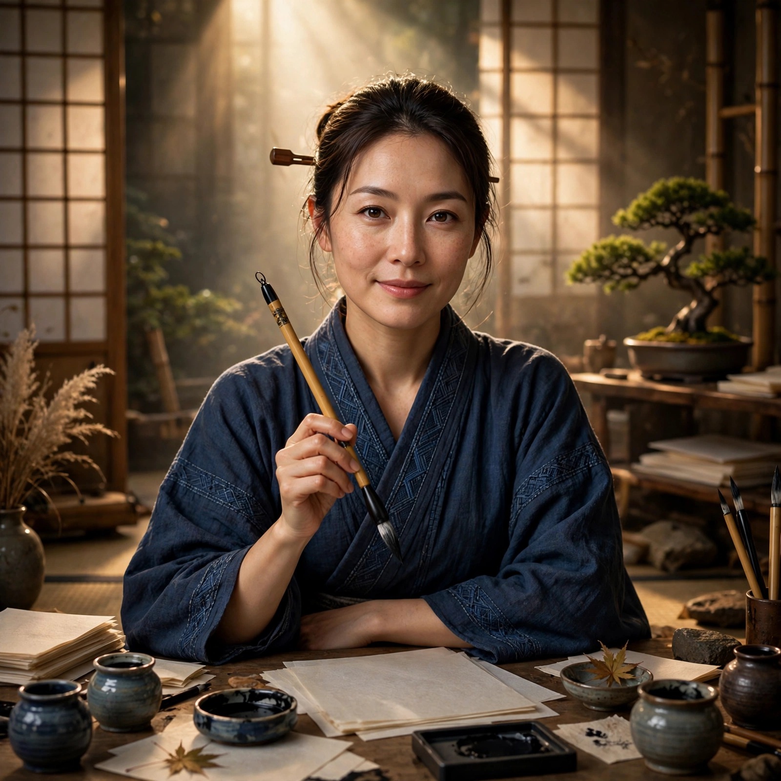 Fictional adult woman calligrapher with ink brushes in a Japanese studio