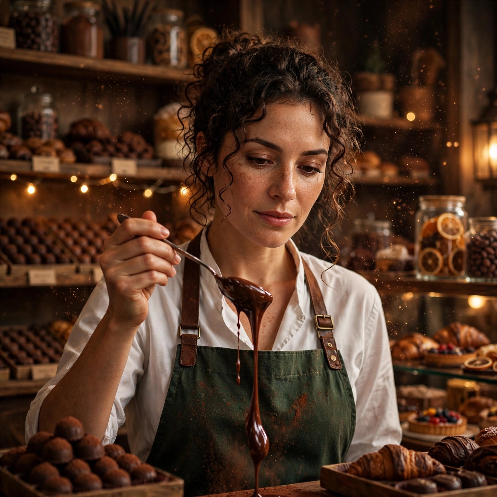Fictional adult woman chocolatier drizzling glossy molten chocolate in a cozy patisserie with shelves of truffles glowing warmly.