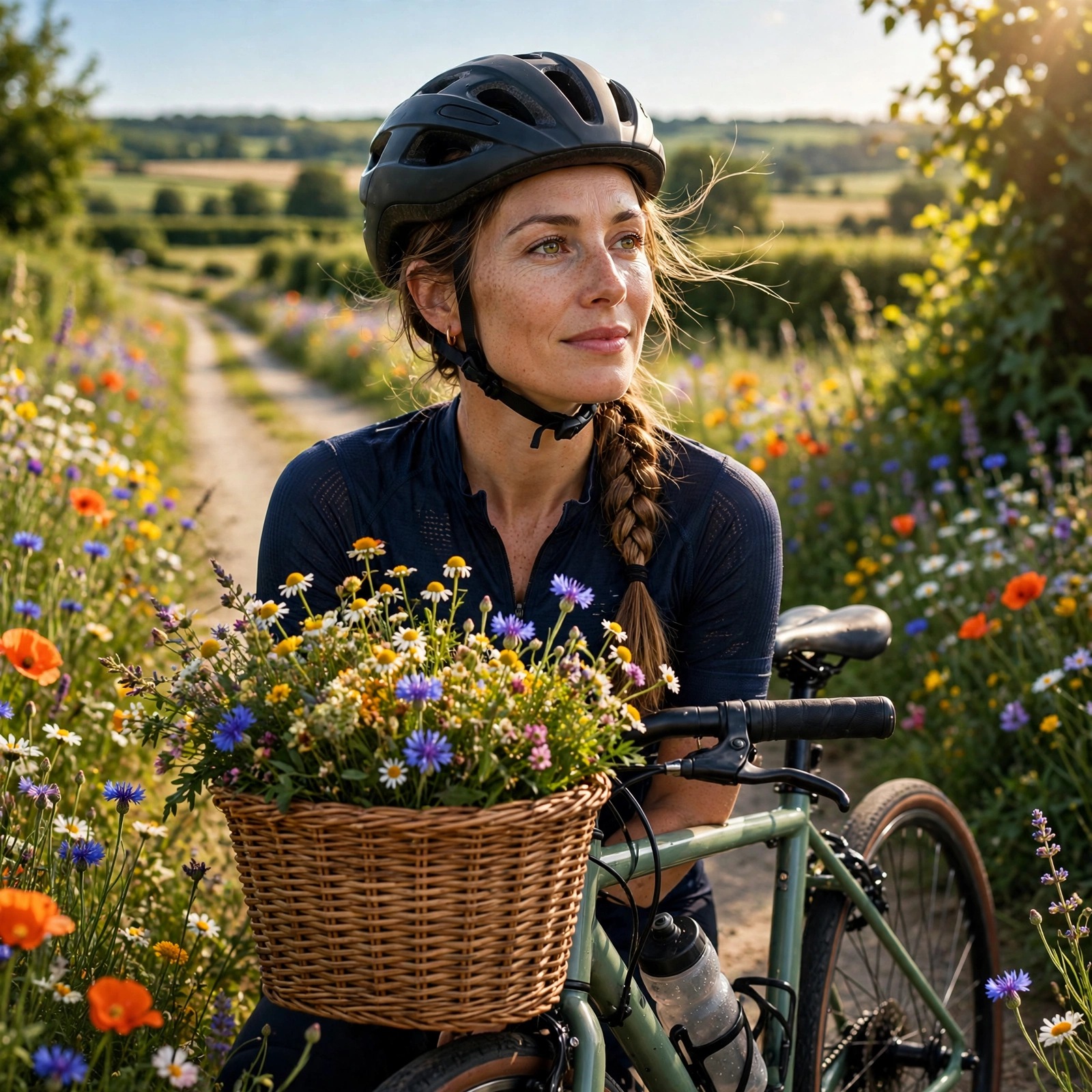 Fictional adult woman cyclist on a countryside lane with wildflowers