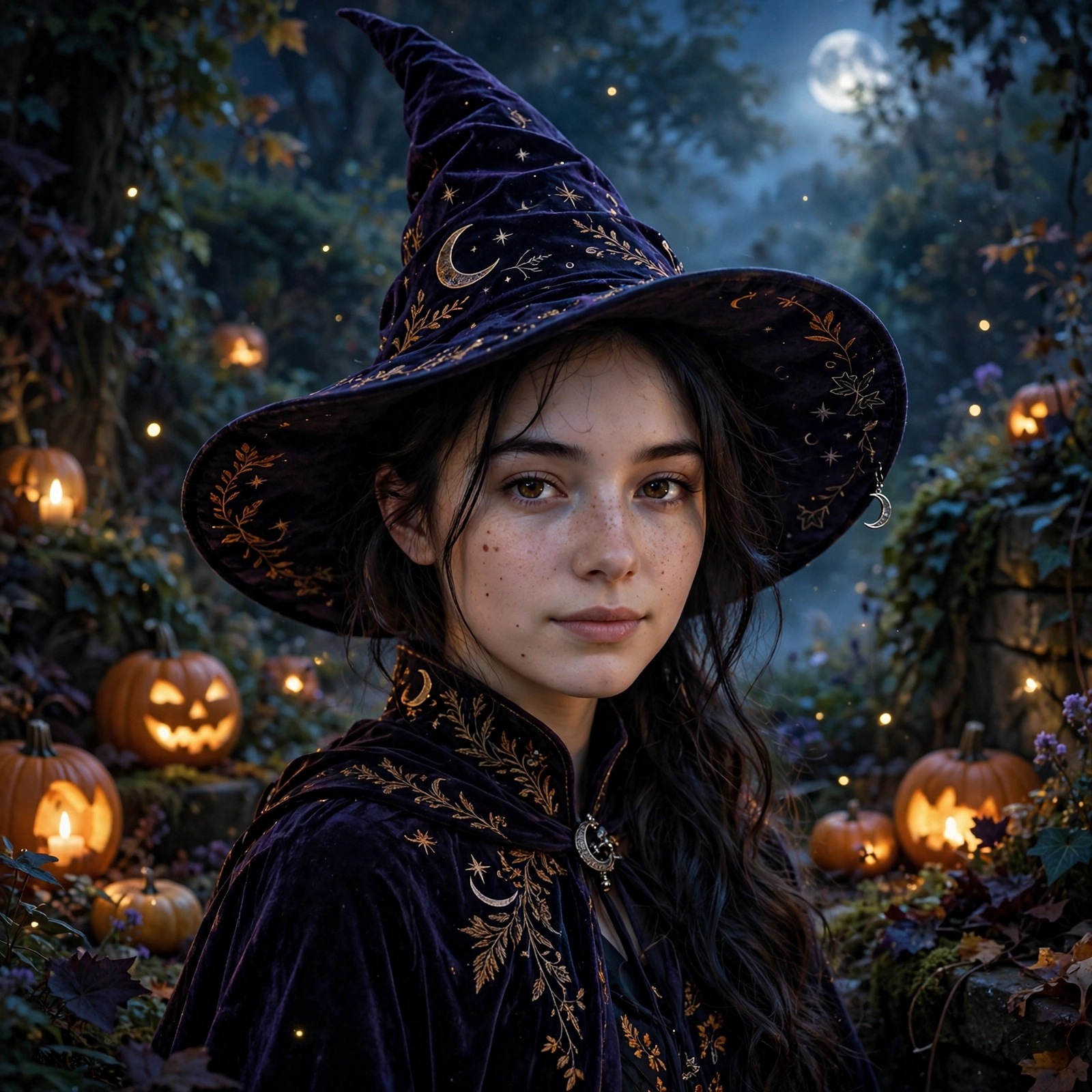 elegant witch woman in moonlit pumpkin garden