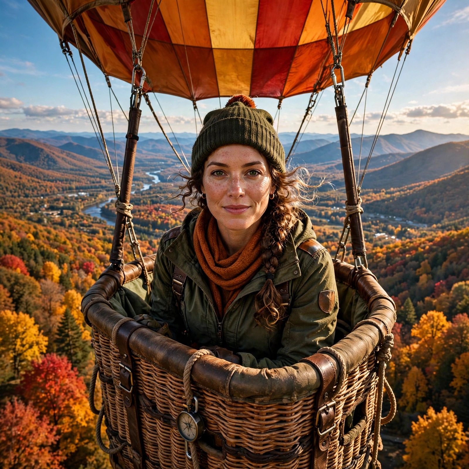 Fictional adult woman in a hot-air balloon basket over an autumn valley