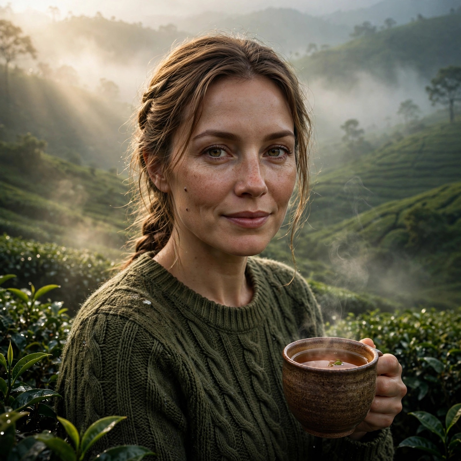 Woman holding a cup of tea in a misty highland tea garden with foggy green hills behind her