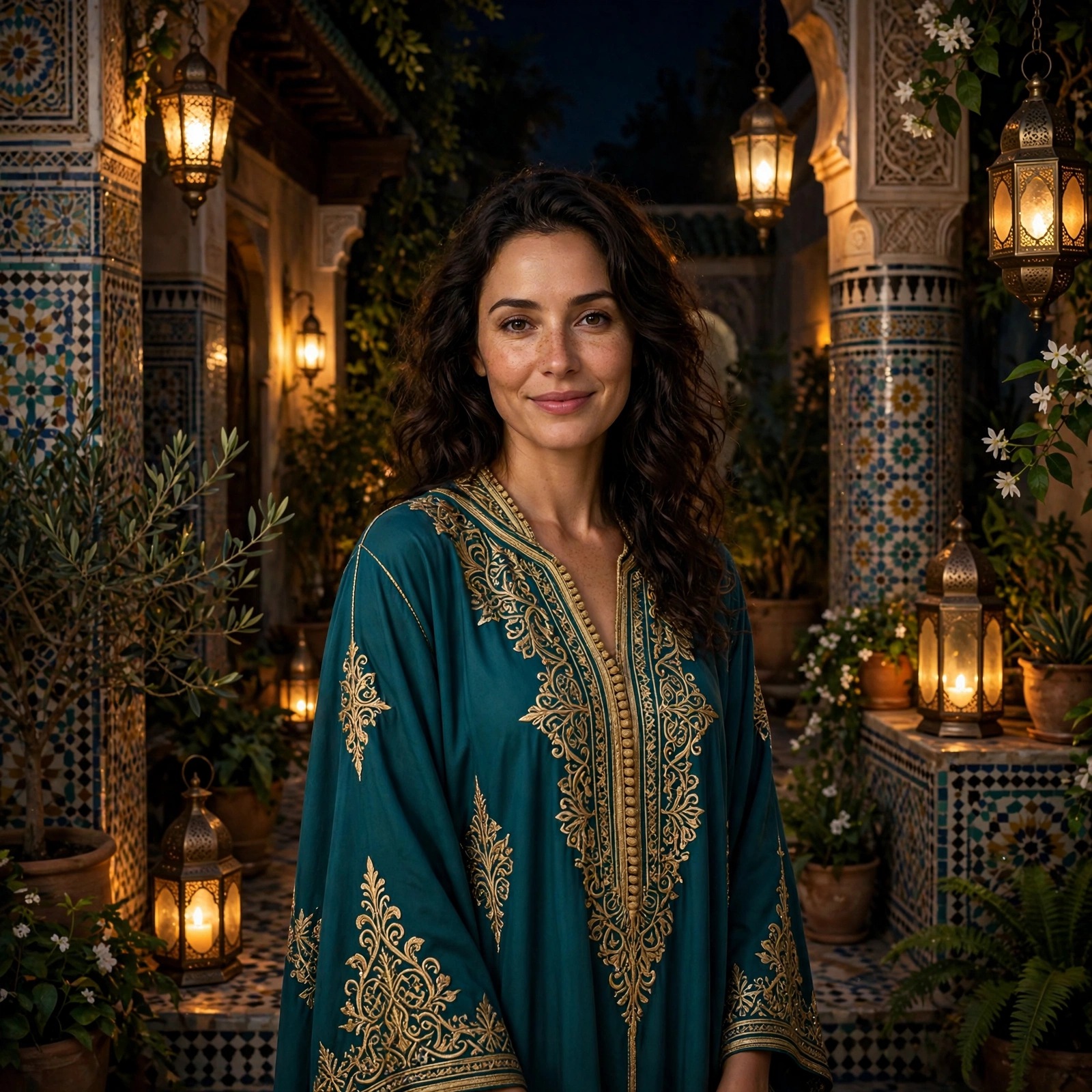 Woman in a teal kaftan in a lantern-lit Moroccan riad courtyard, girls DP