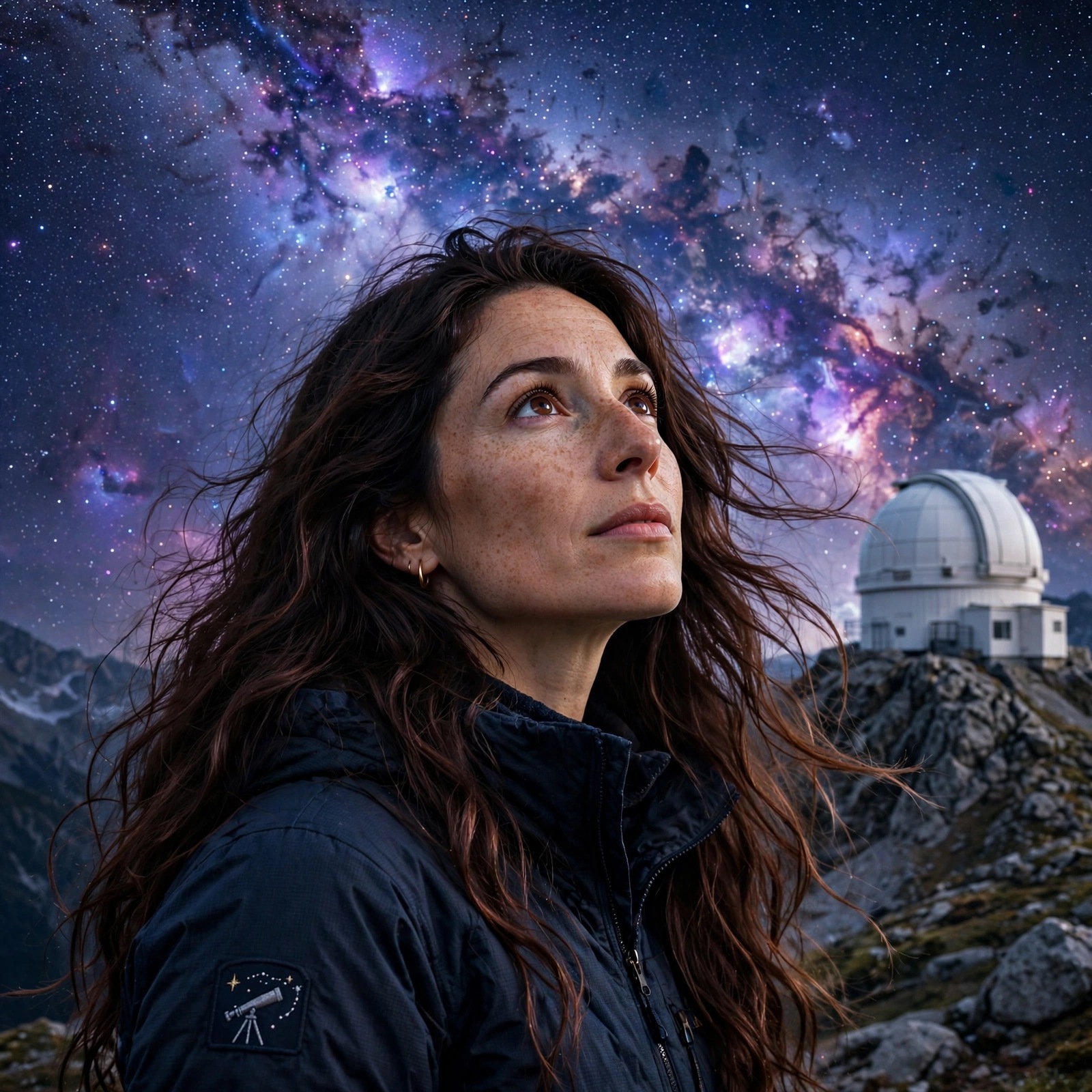 Fictional adult woman astronomer looking up at the dazzling Milky Way beside a white observatory dome on a mountain peak.
