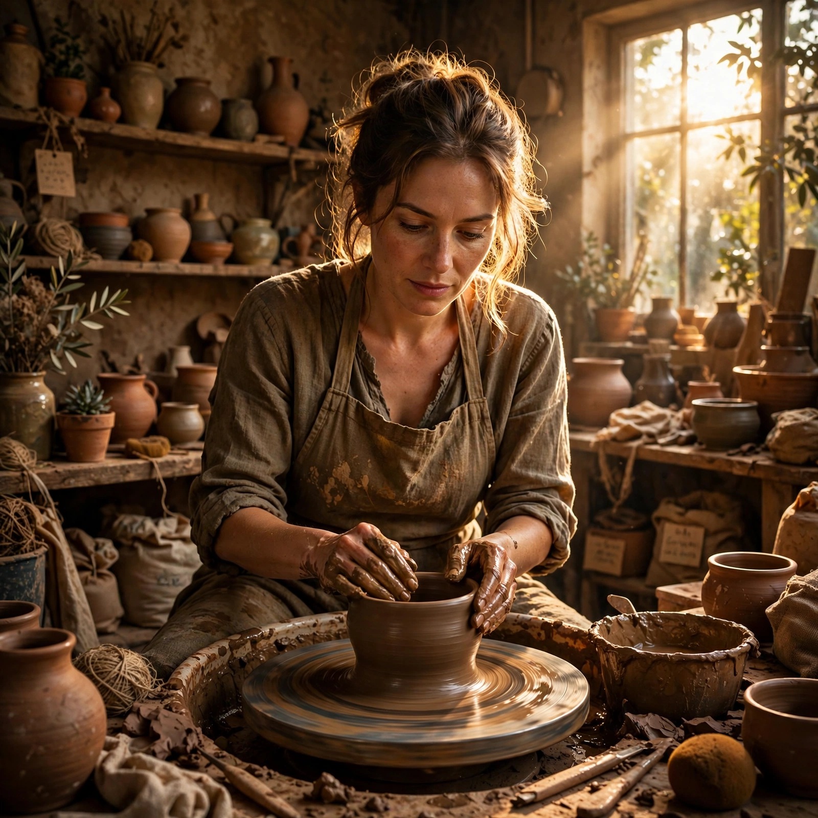 Woman potter shaping clay on a spinning pottery wheel in a sunlit earthy studio