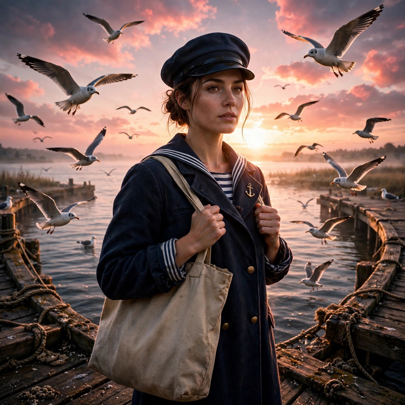 Woman sailor in cap and navy coat with canvas bag standing on a wooden pier at dawn with seagulls