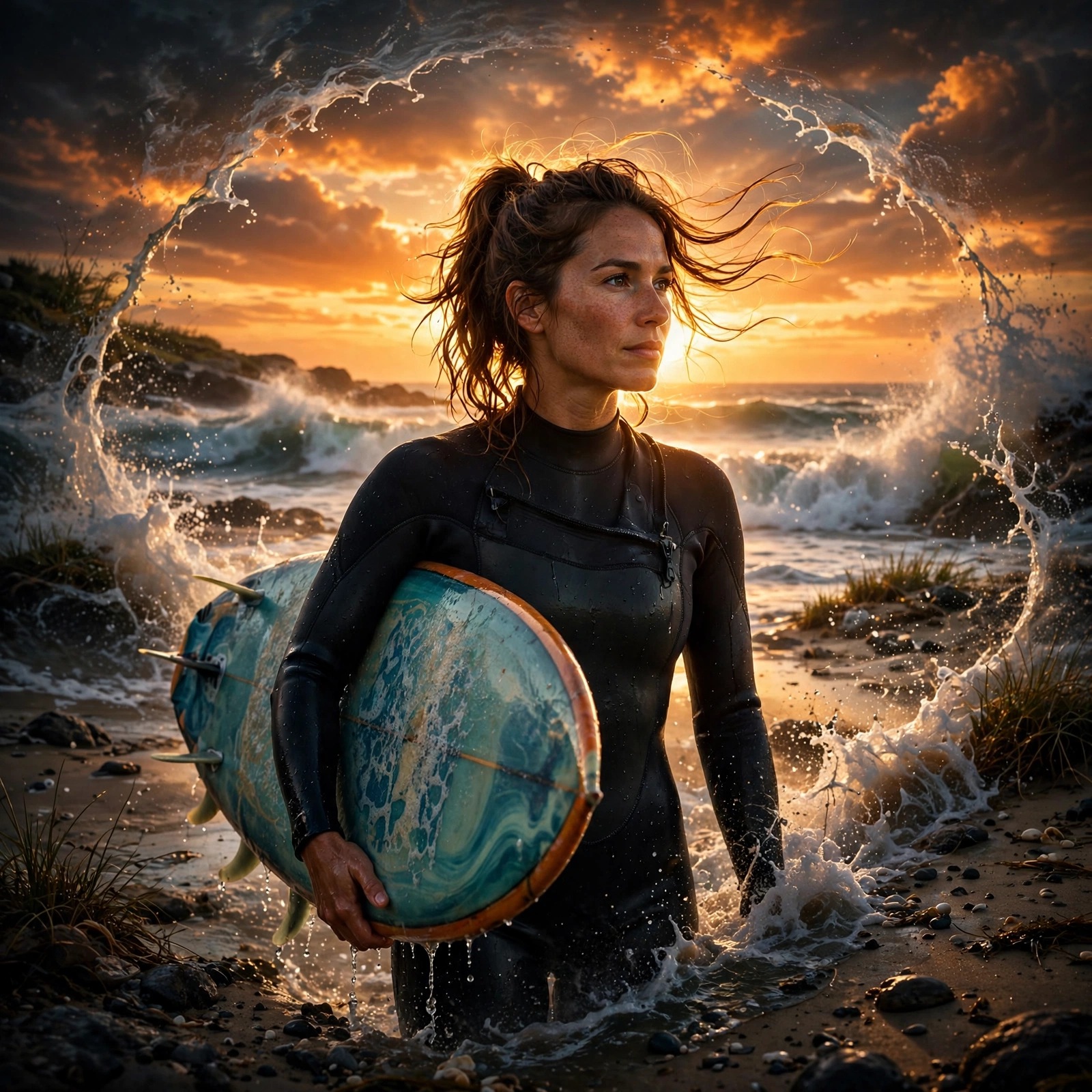 Woman surfer in wetsuit carrying a surfboard on a beach at sunset with orange sky and waves