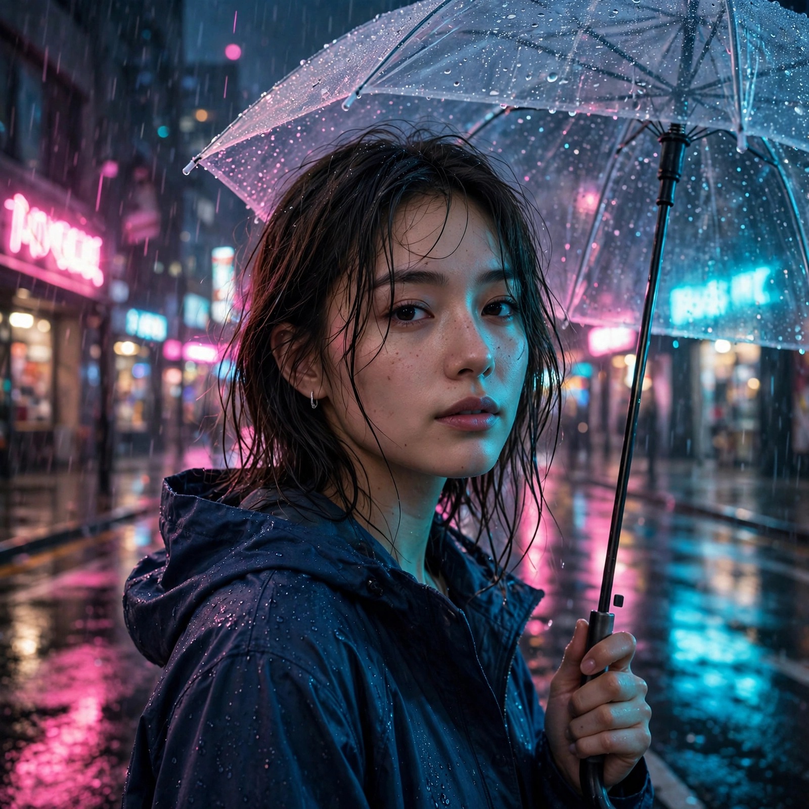 woman with transparent umbrella on neon rainy street