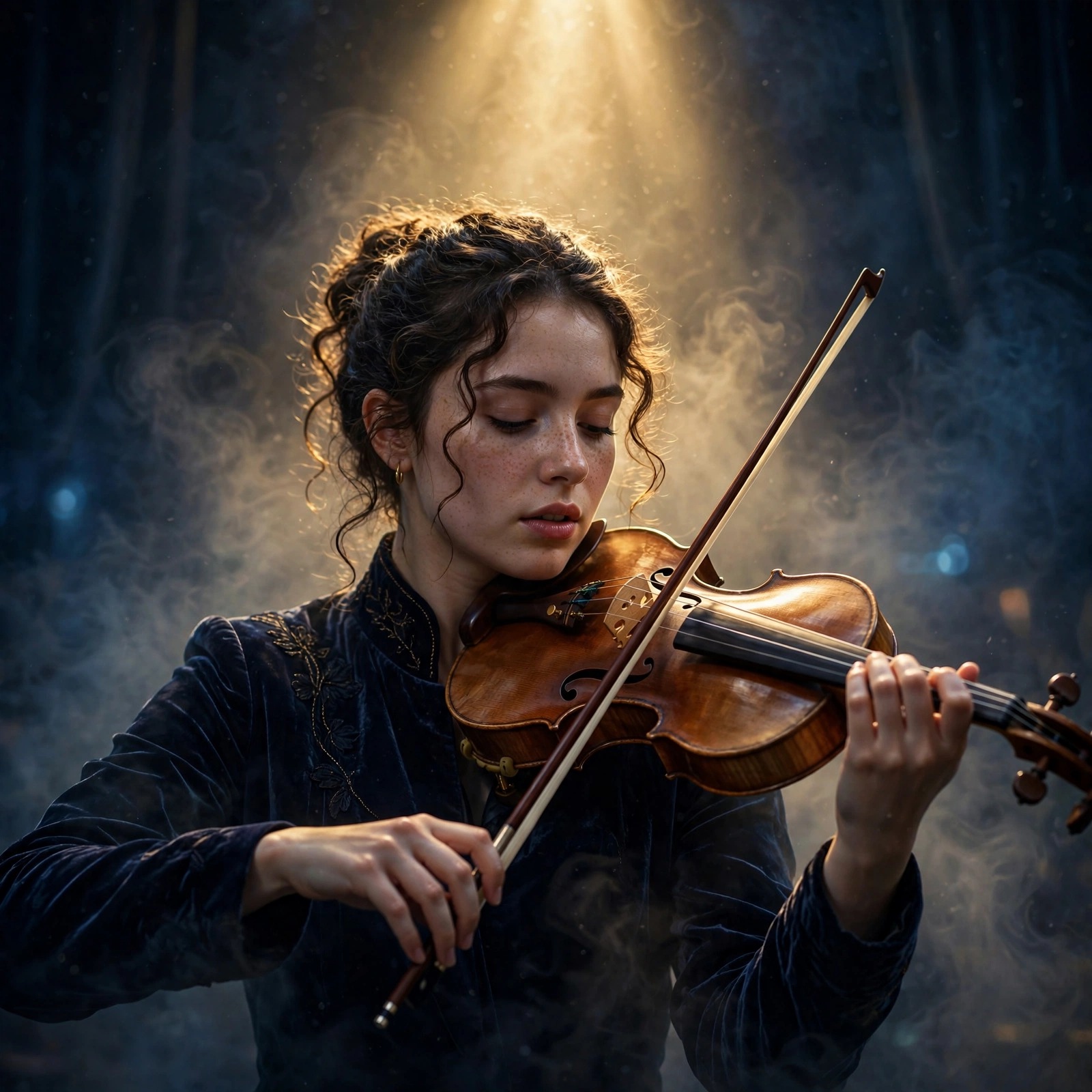 woman violinist performing on misty stage spotlight
