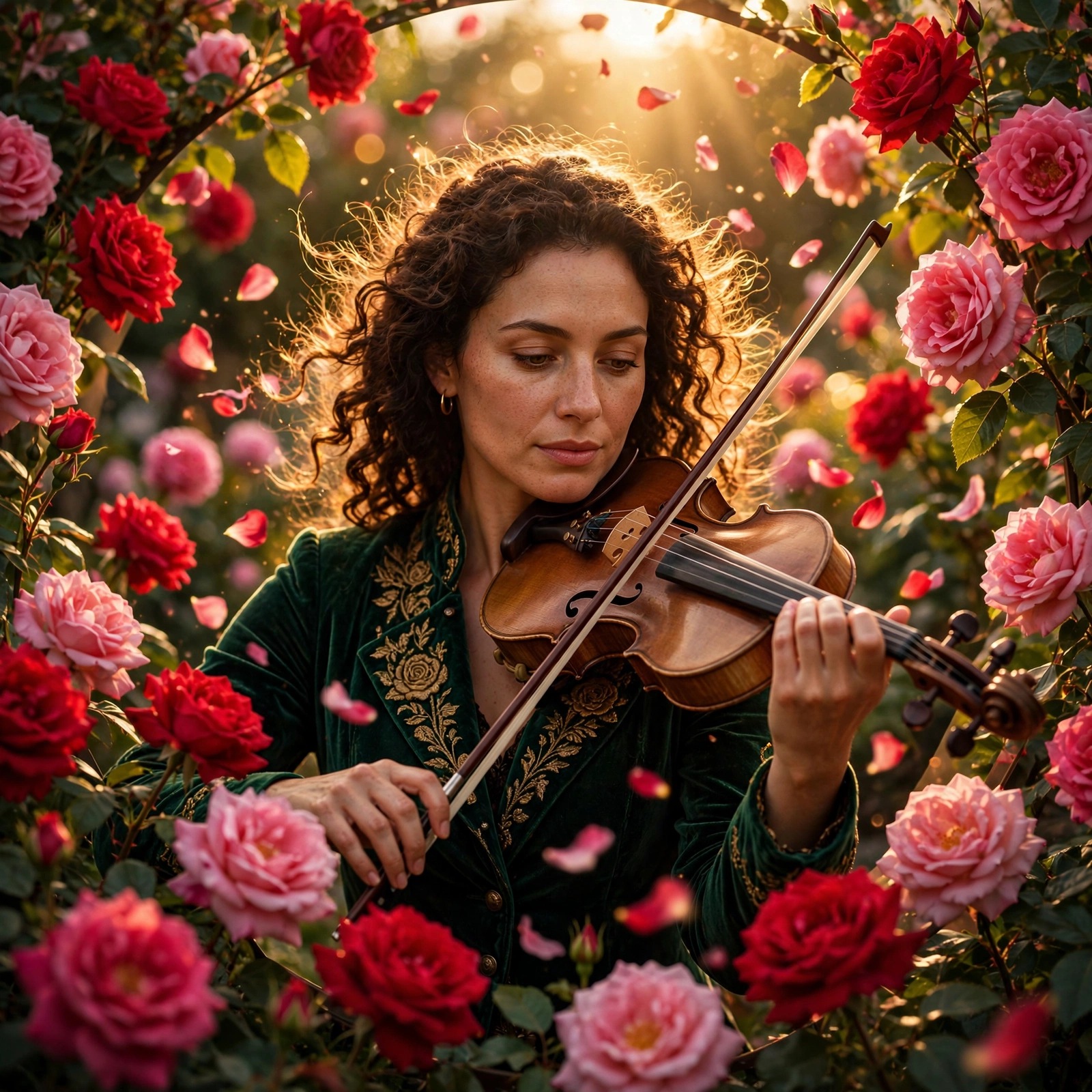 Fictional adult woman playing violin in a blooming rose garden at golden hour with petals swirling in warm light.