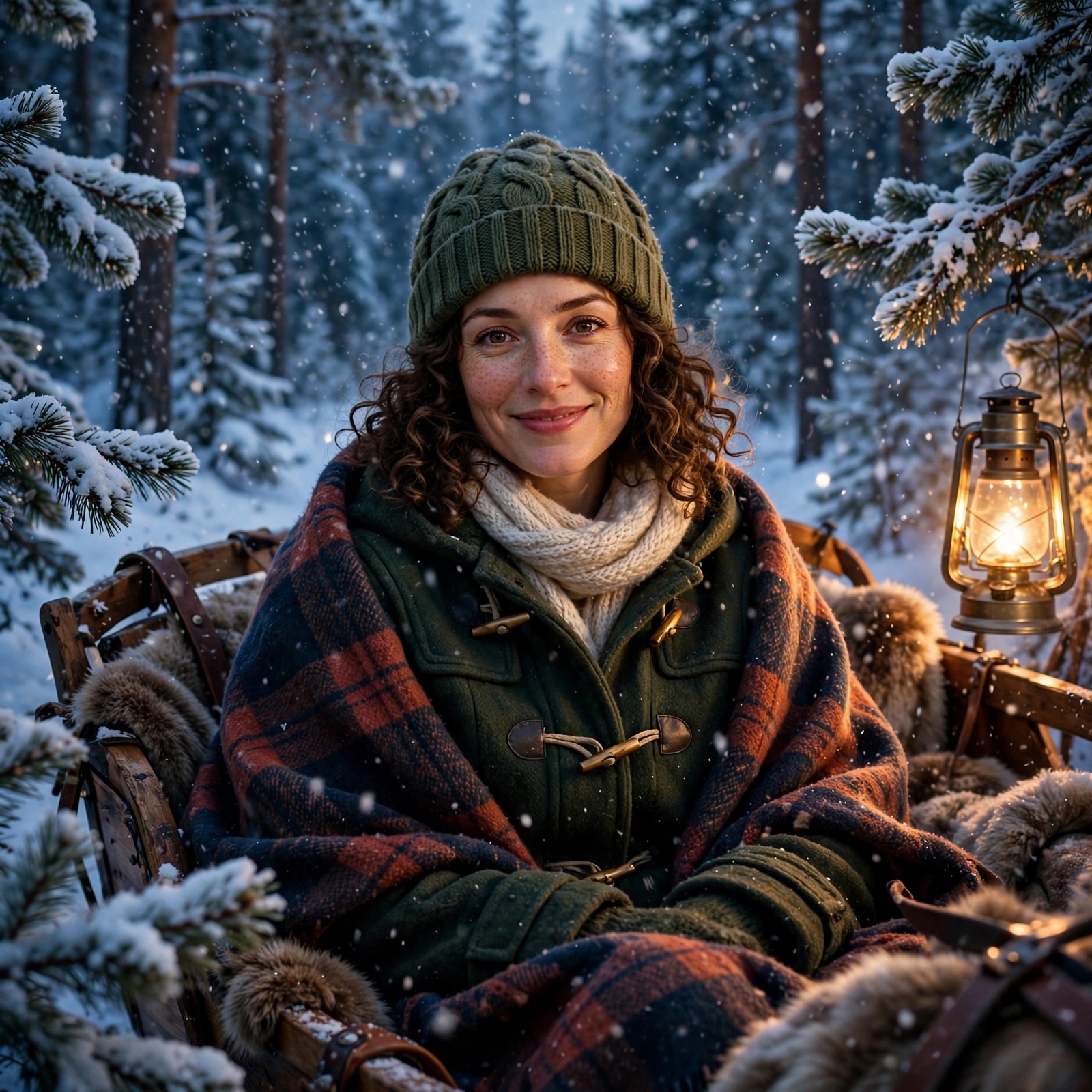 Fictional adult woman on a winter sleigh ride through a snowy forest