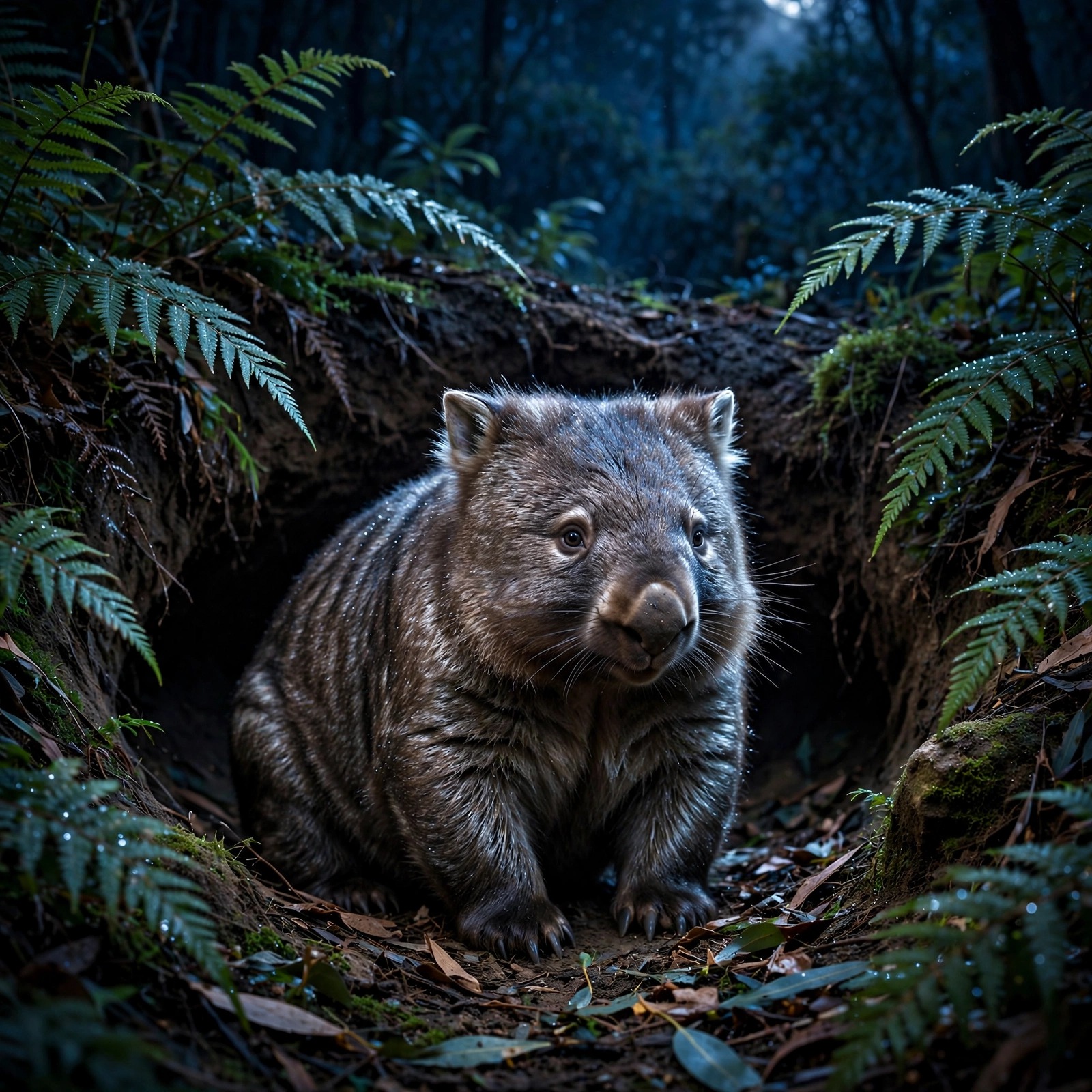 Wombat at its burrow entrance under silver-blue moonlight among ferns