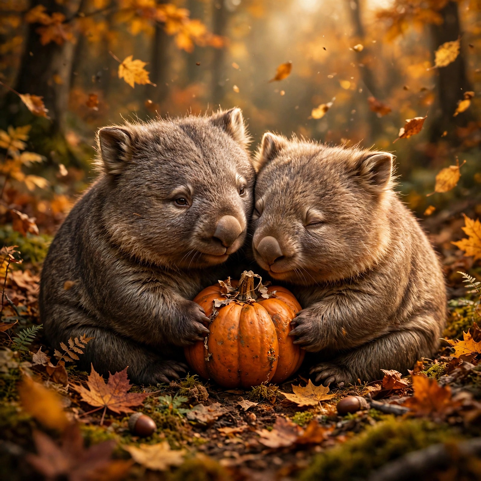 Two wombats snuggled together sharing a pumpkin in an autumn forest