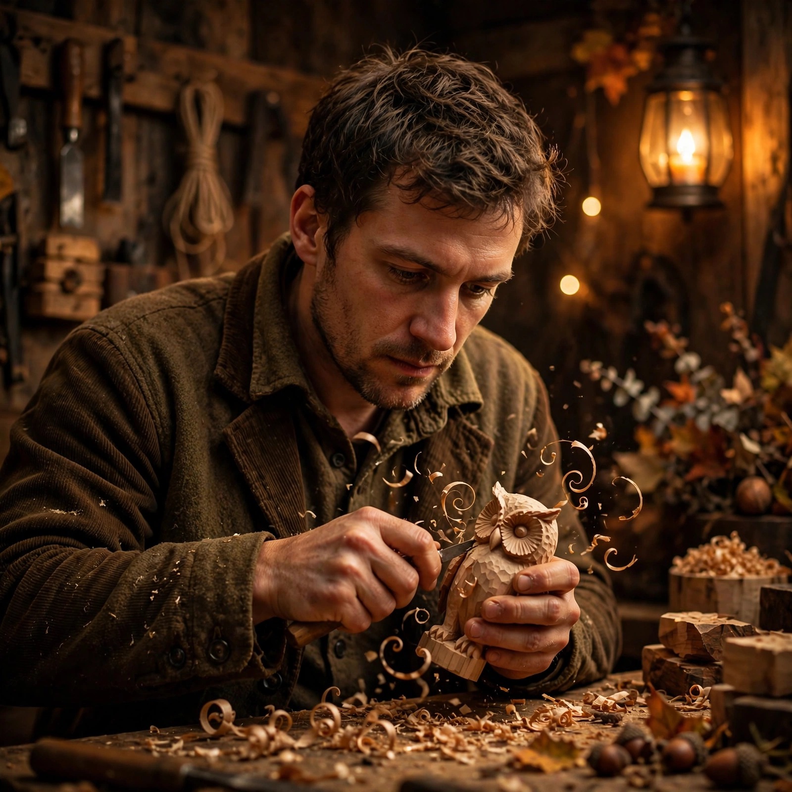 Fictional woodcarver carving a wooden owl by lantern light in a rustic workshop, boys WhatsApp DP