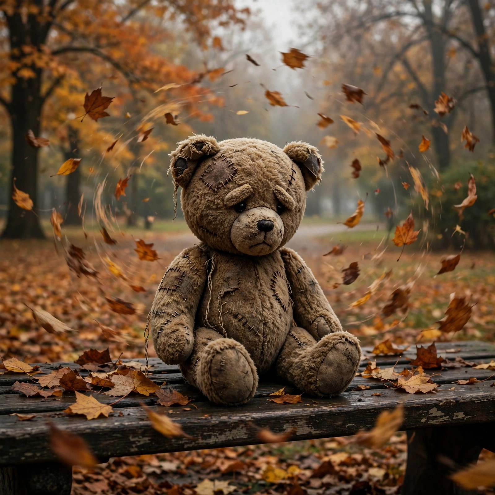 Worn teddy bear left alone on an empty park bench in autumn with leaves swirling