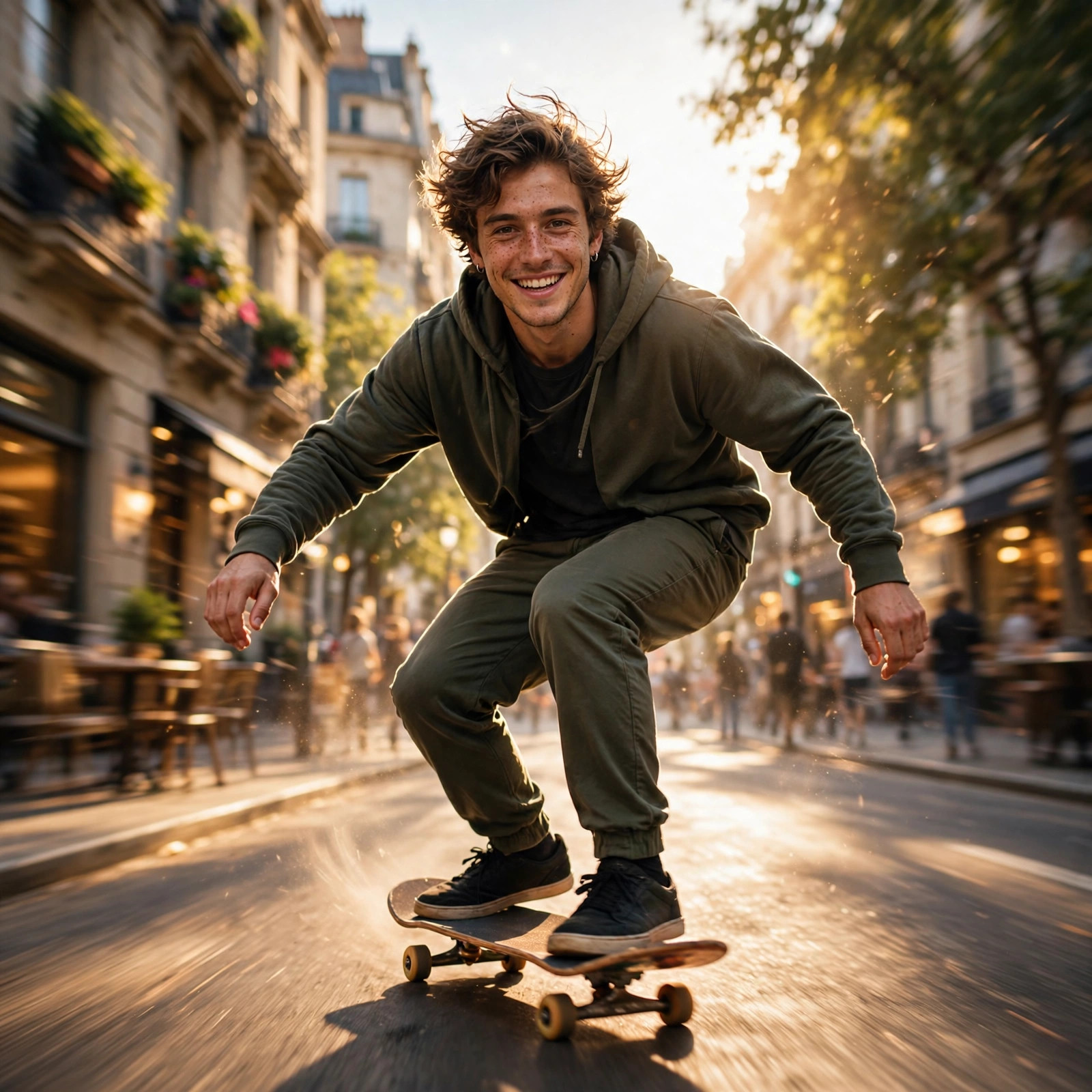 Fictional young man skateboarding through sunlit city streets