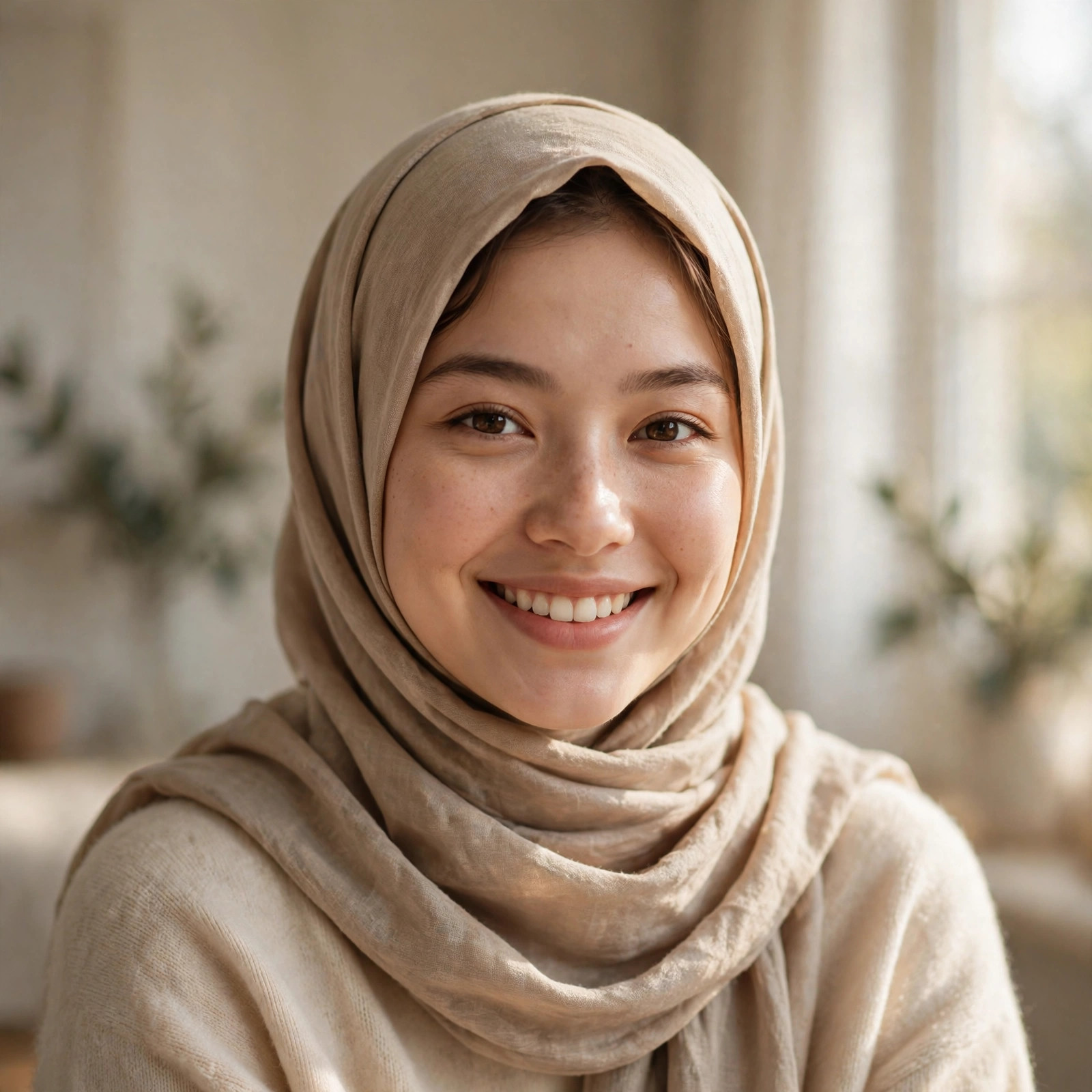 Fictional young woman wearing an elegant beige hijab with a warm genuine smile