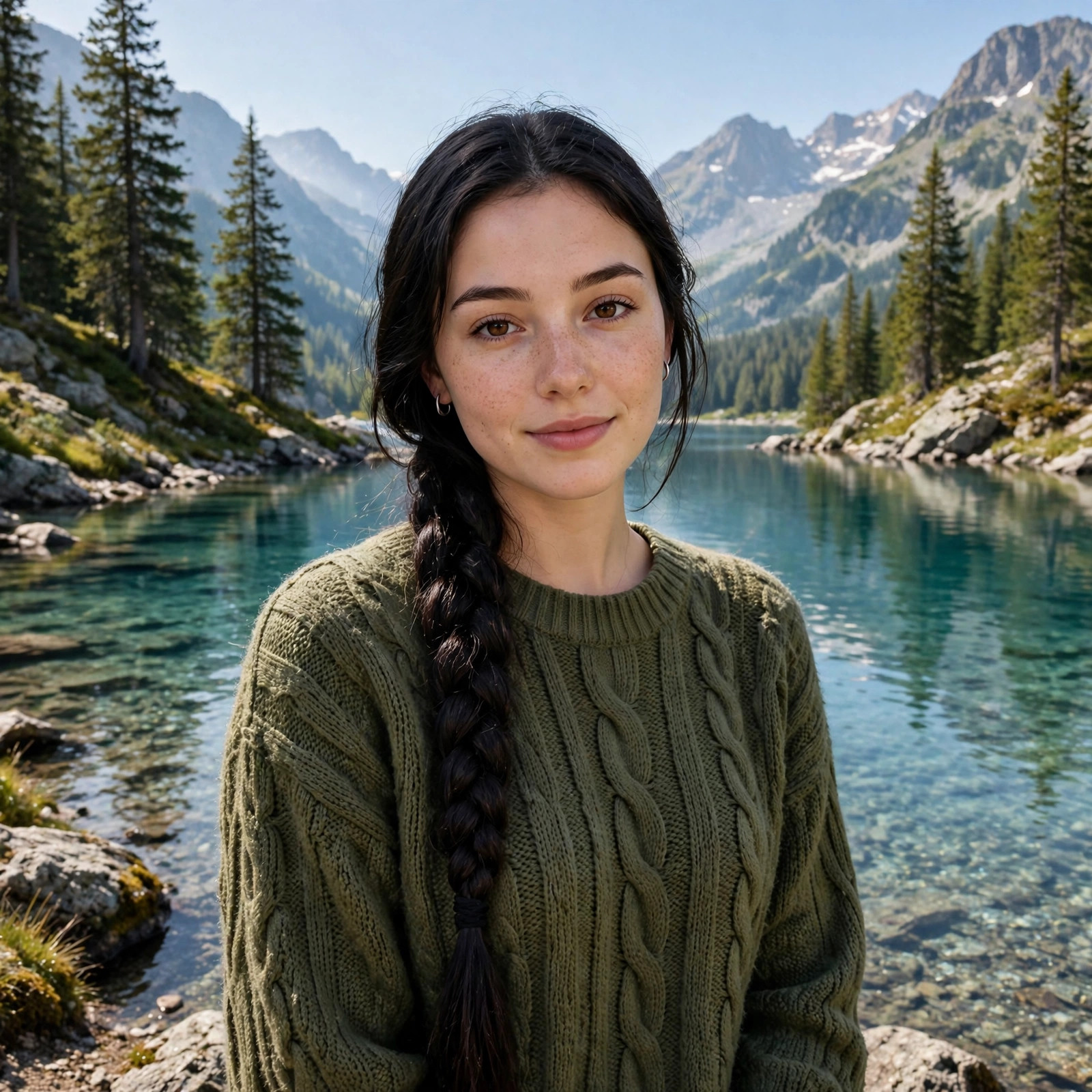 Fictional young woman with a long dark braid standing by a crystal-clear mountain lake