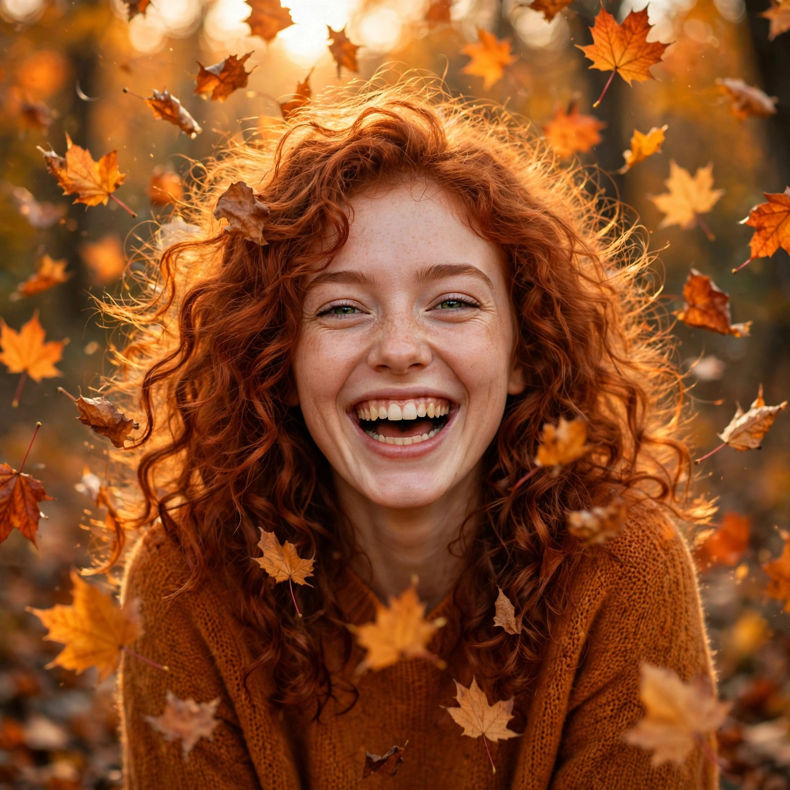 Fictional young woman with curly red hair laughing among falling autumn leaves