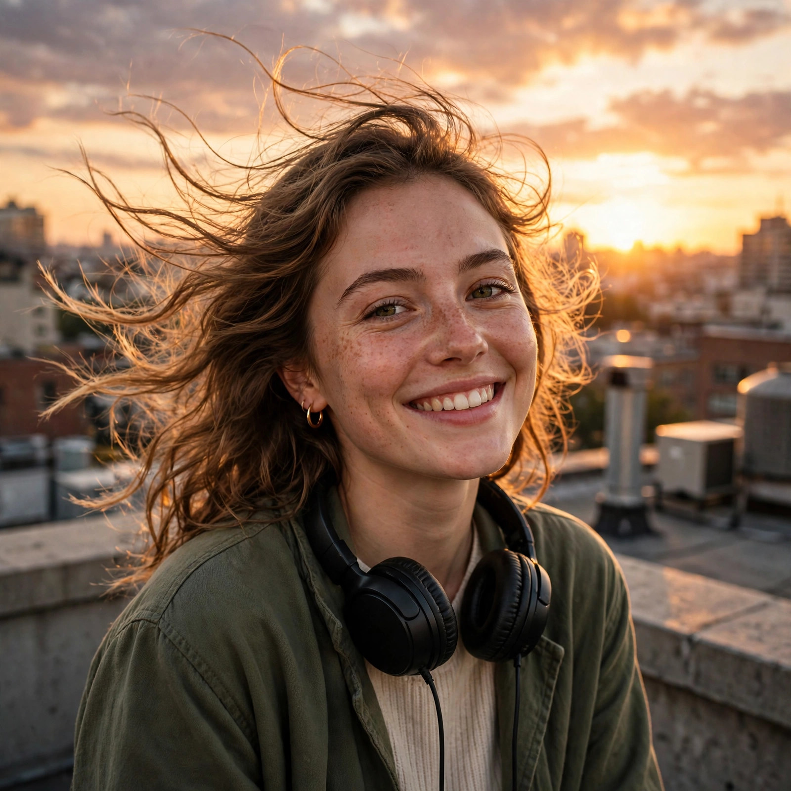 Fictional young woman with headphones around her neck on a city rooftop at sunset