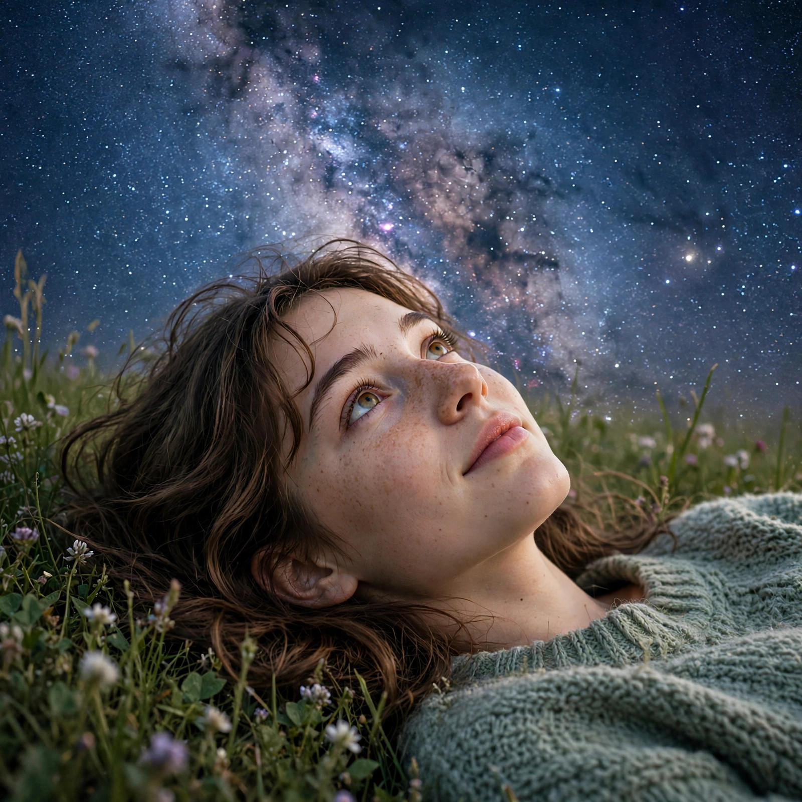 Fictional young woman lying on grass stargazing at a brilliant milky way night sky