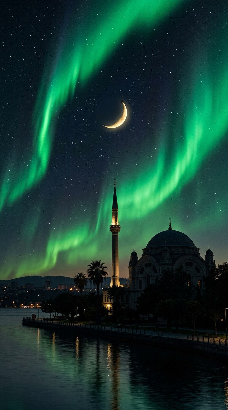 Aurora Crescent Mosque Wallpaper free HD mobile background