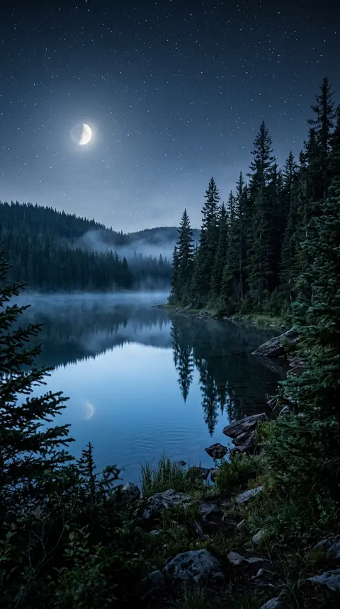 Moonlit Mountain Lake Wallpaper free HD mobile background