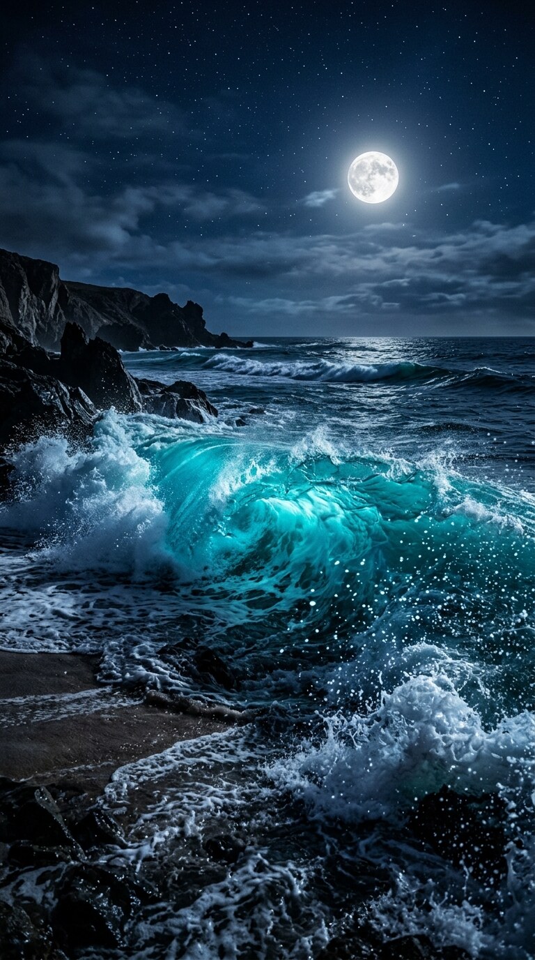 Moonlit Ocean Wave Wallpaper free HD mobile background